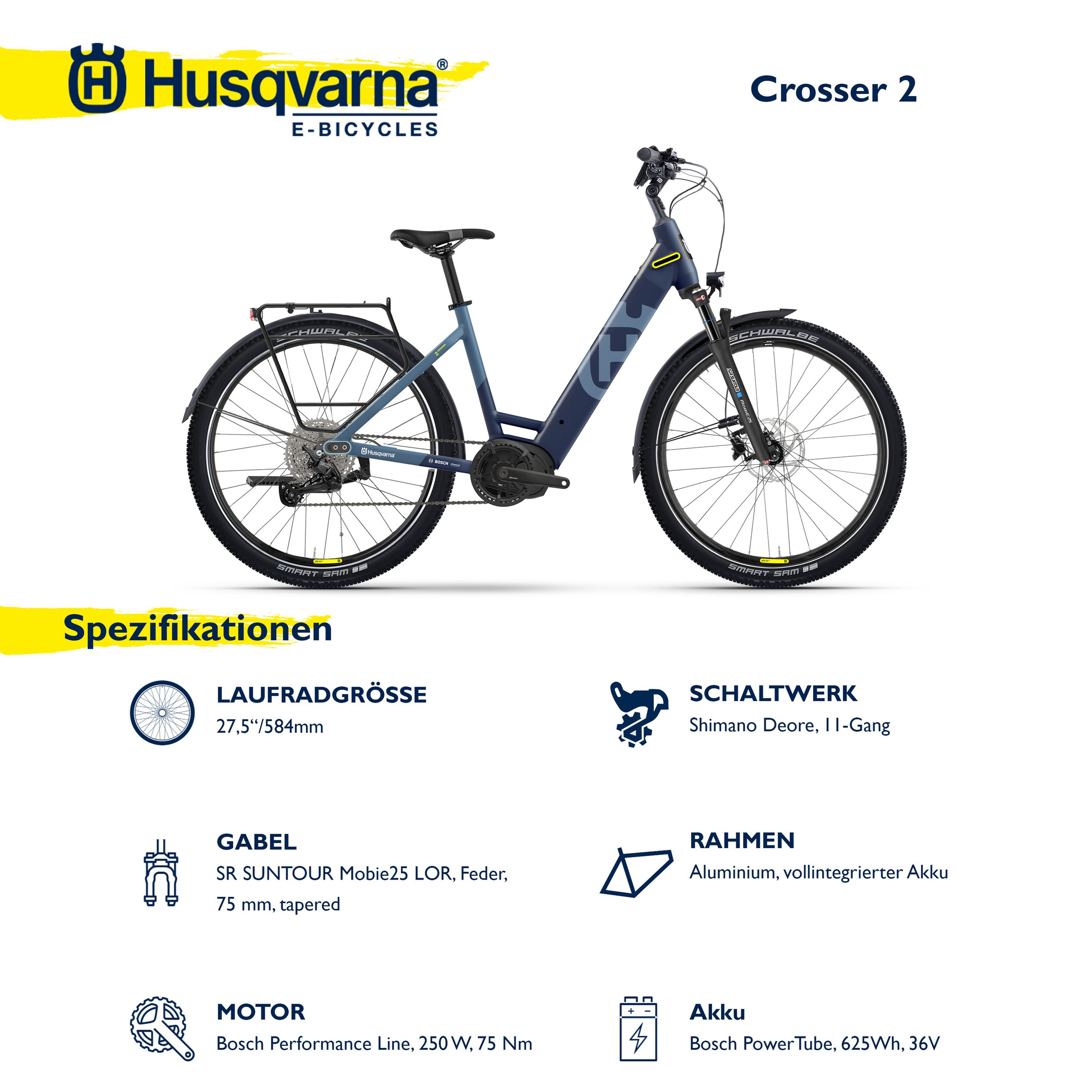 Husqvarna E-BICYCLES E-Bike »E-Trekkingbike Crosser 2«, 11 Gang, Shimano, Deore RD-M5100, Mittelmotor 250 W, (27,5 Zoll, Bosch Motor, Scheibenbremsen, Straßenzulassung), Pedelec, Elektrofahrrad für Herren u. Damen