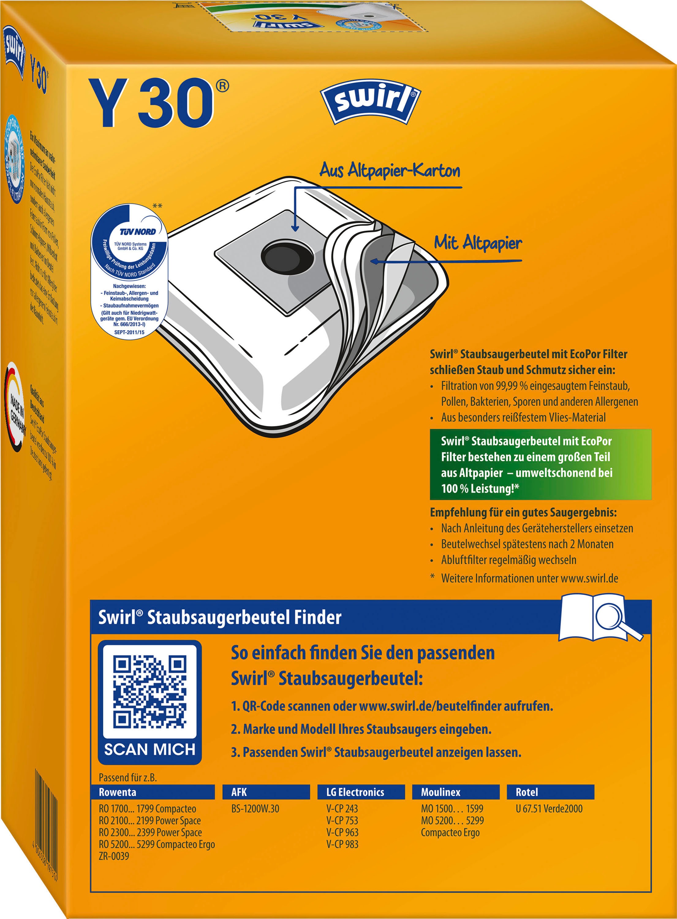 Swirl Staubsaugerbeutel »Y 30«, (Packung), für LG Electronics, Clatronic und Rowenta, 4er-Set