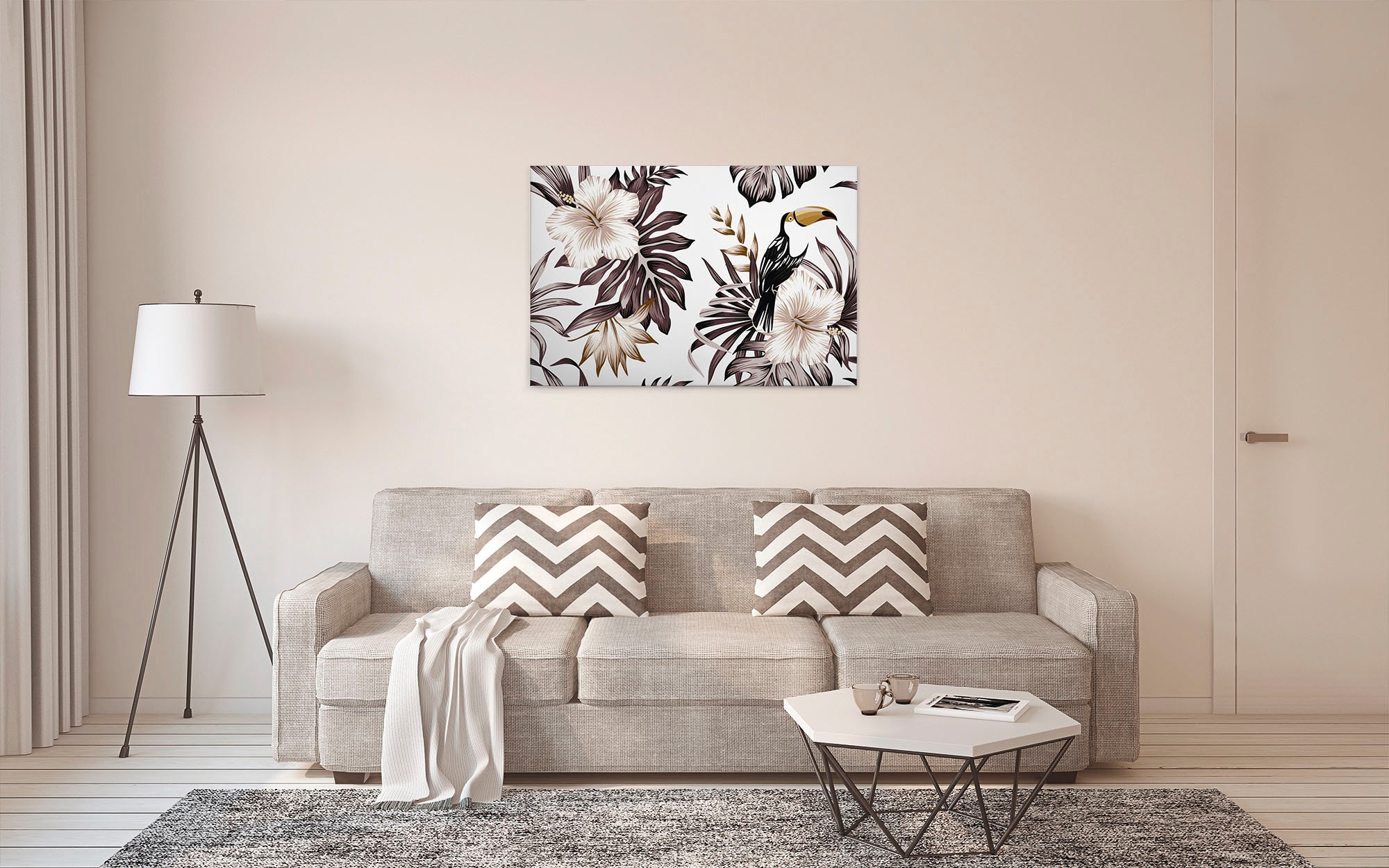 A.S. Création Leinwandbild »Toucan«, Kunst-Blumen-Kinder, (1 St.), Palmenblätter Hibiskus Dschungel Keilrahmen Leinwand-Bild Wohnzimmer