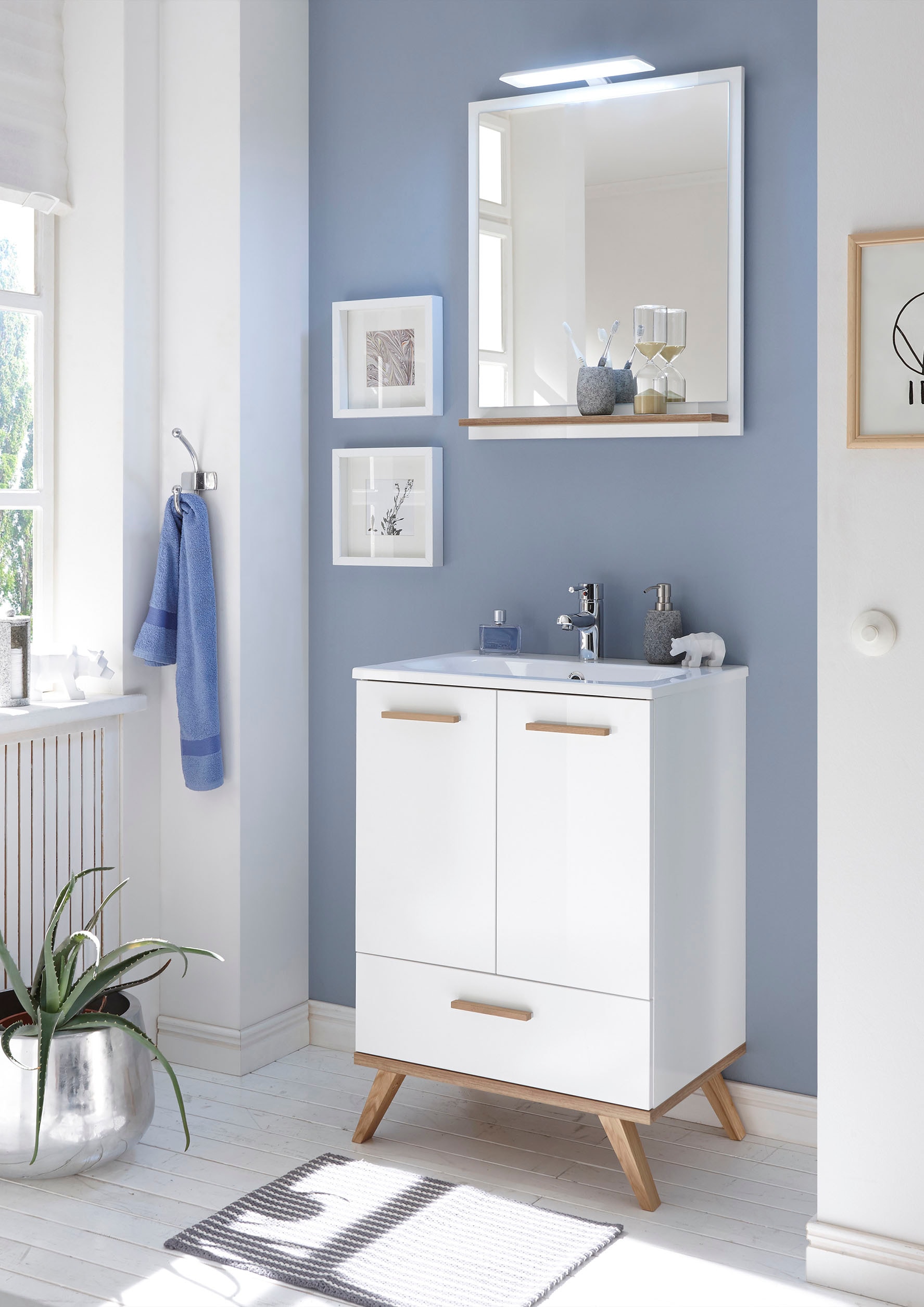 Saphir Waschtisch »Quickset Mineralmarmor-Waschtisch mit Unterschrank, 61 cm breit«, Wachplatz, Holzgriffe, inkl. Türdämpfer, 2 Türen, 1 Schublade