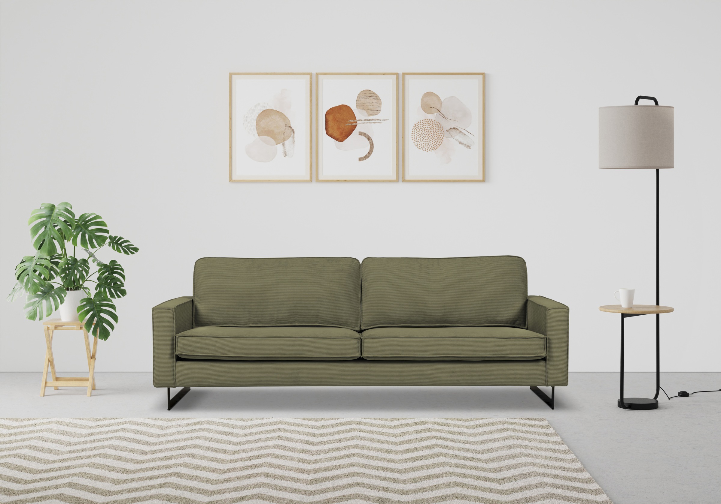 Places of Style 3-Sitzer »Maxi-Ausführung Pinto, 236 cm, Cord, Chenille, Lederoptik«, mit Keder, schwarze Metallfüße, Wellenunterfederung