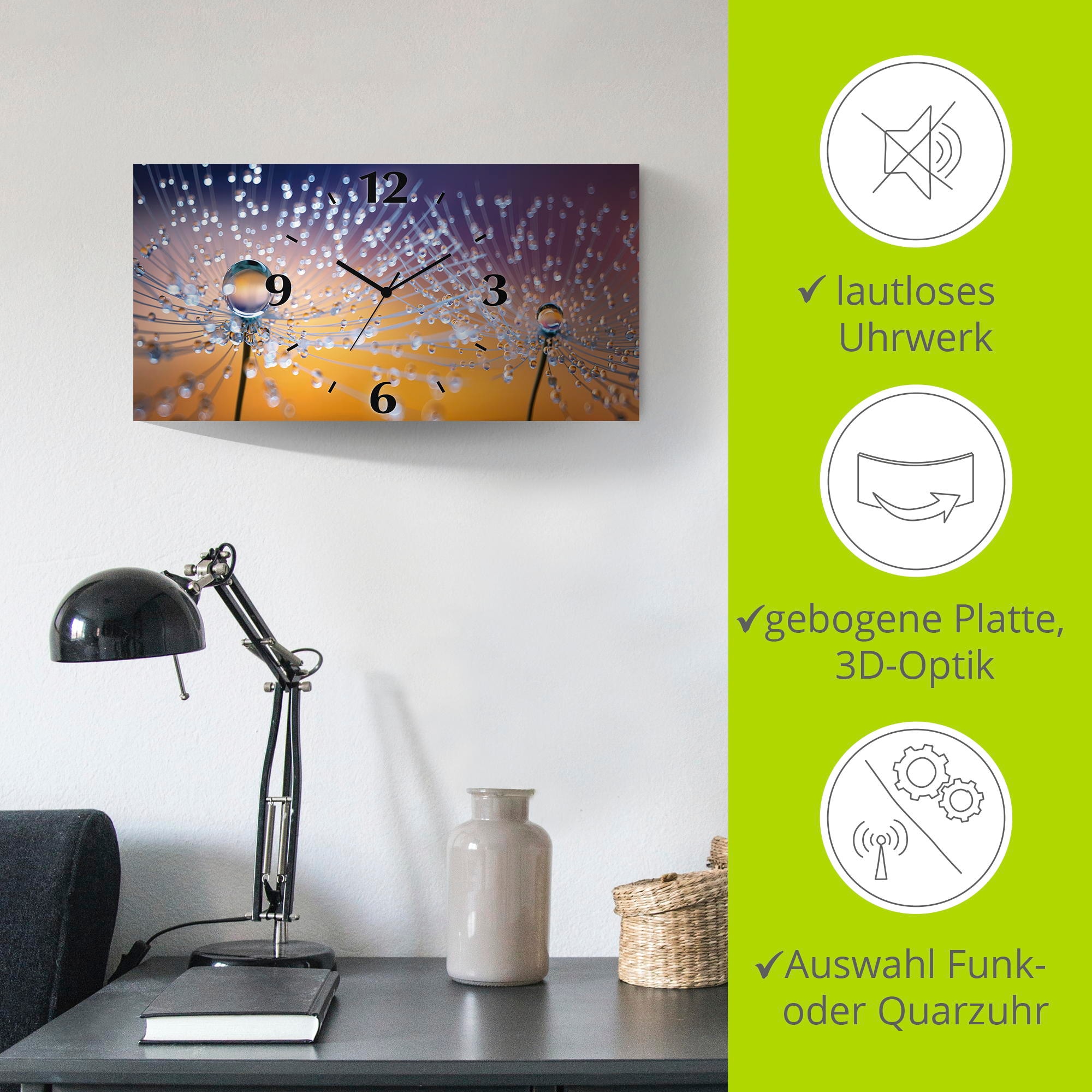 Artland Wanduhr »Pusteblumen Tautropfen« wahlweise mit Quarz- oder Funkuhrwerk, lautlos ohne Tickgeräusche