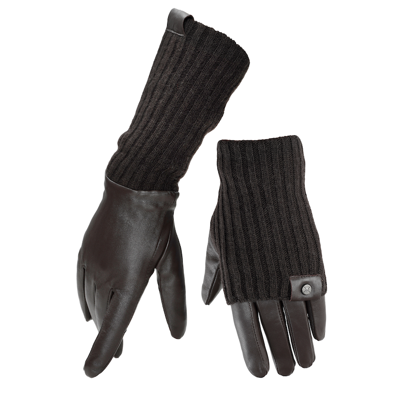 PEARLWOOD Lederhandschuhe »ROMY« 1 Paar, Fleecefutter, als Lang-oder Kurzhandschuh zu tragen, Strickbündchen darkbrown