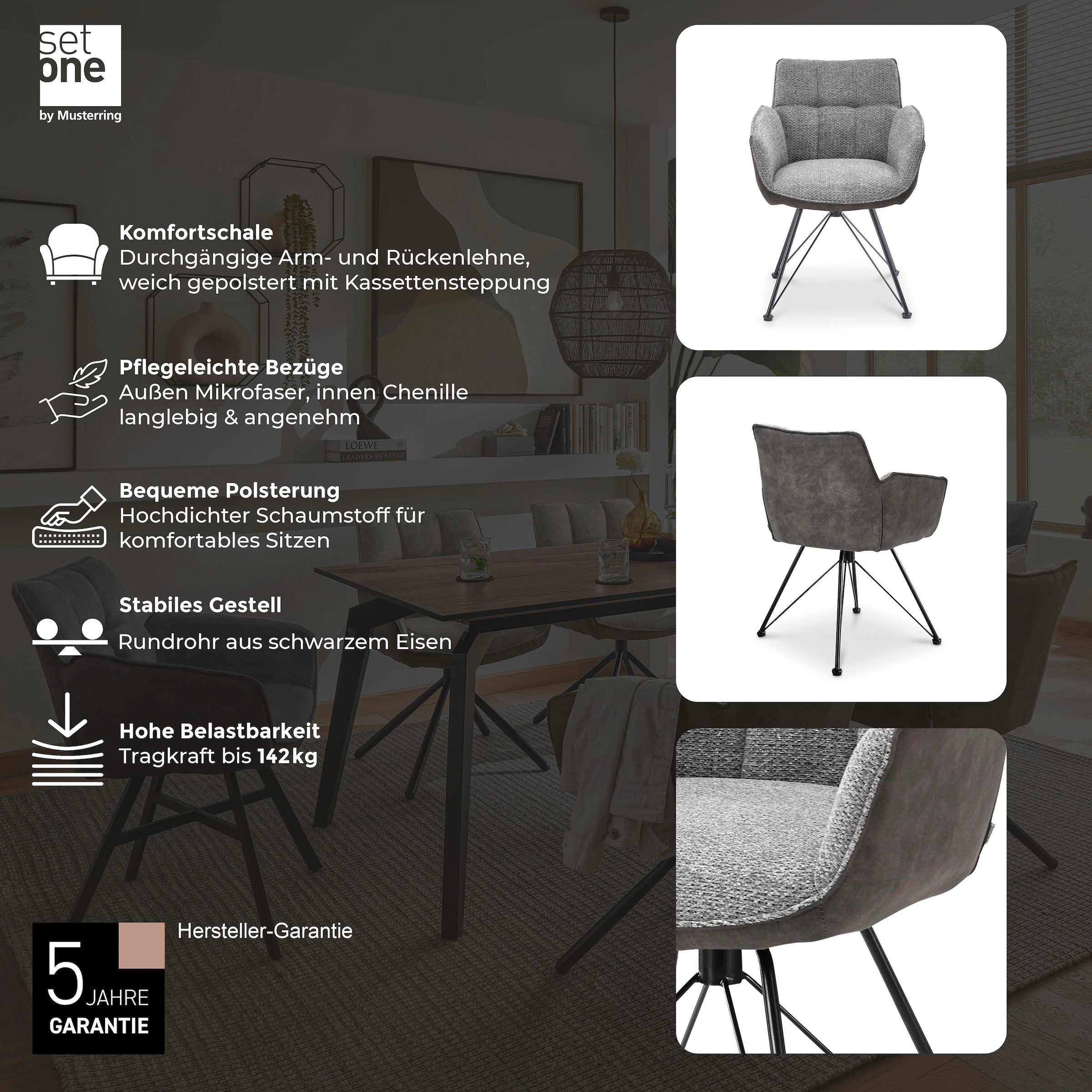 set one by Musterring Esszimmerstuhl »Frisco-B« (Set) 2 Stk.Bezug innen Chenille und außen Microfaser, Design-Gestell schwarz