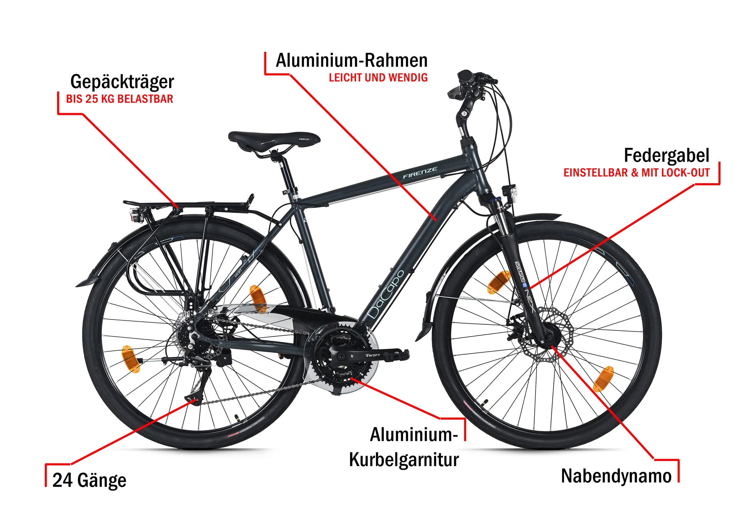 Dacapo Trekkingrad »Firenze 200 Blau 24 Gänge RH 53 cm mechanische Scheibenbremsen« 24 Gang Shimano Acera Schaltwerk Kettenschaltung