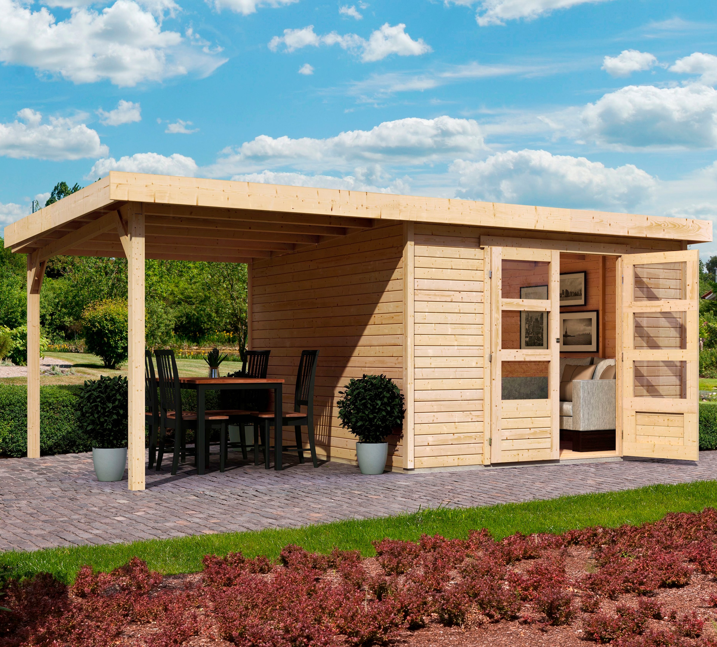 Karibu Gartenhaus »Arnis«, (Set), mit Anbaudach 2,40 m Breite