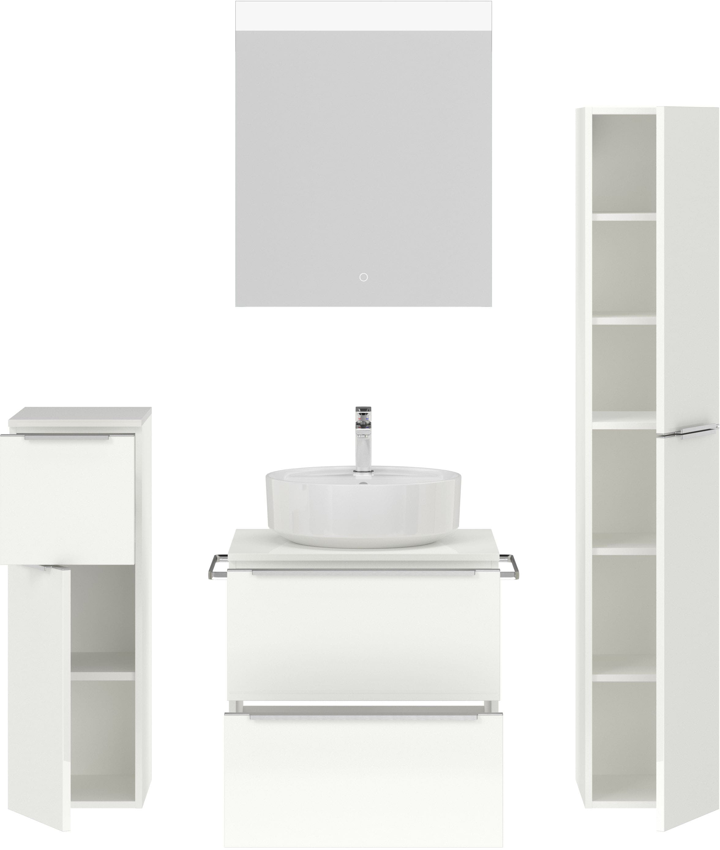nobilia® Badmöbel-Set »Alvene«, (4 St., vormontiert, mit Soft-Close), Hochglanz, inkl. Spiegel mit Touch-Sensor, in vier Breiten