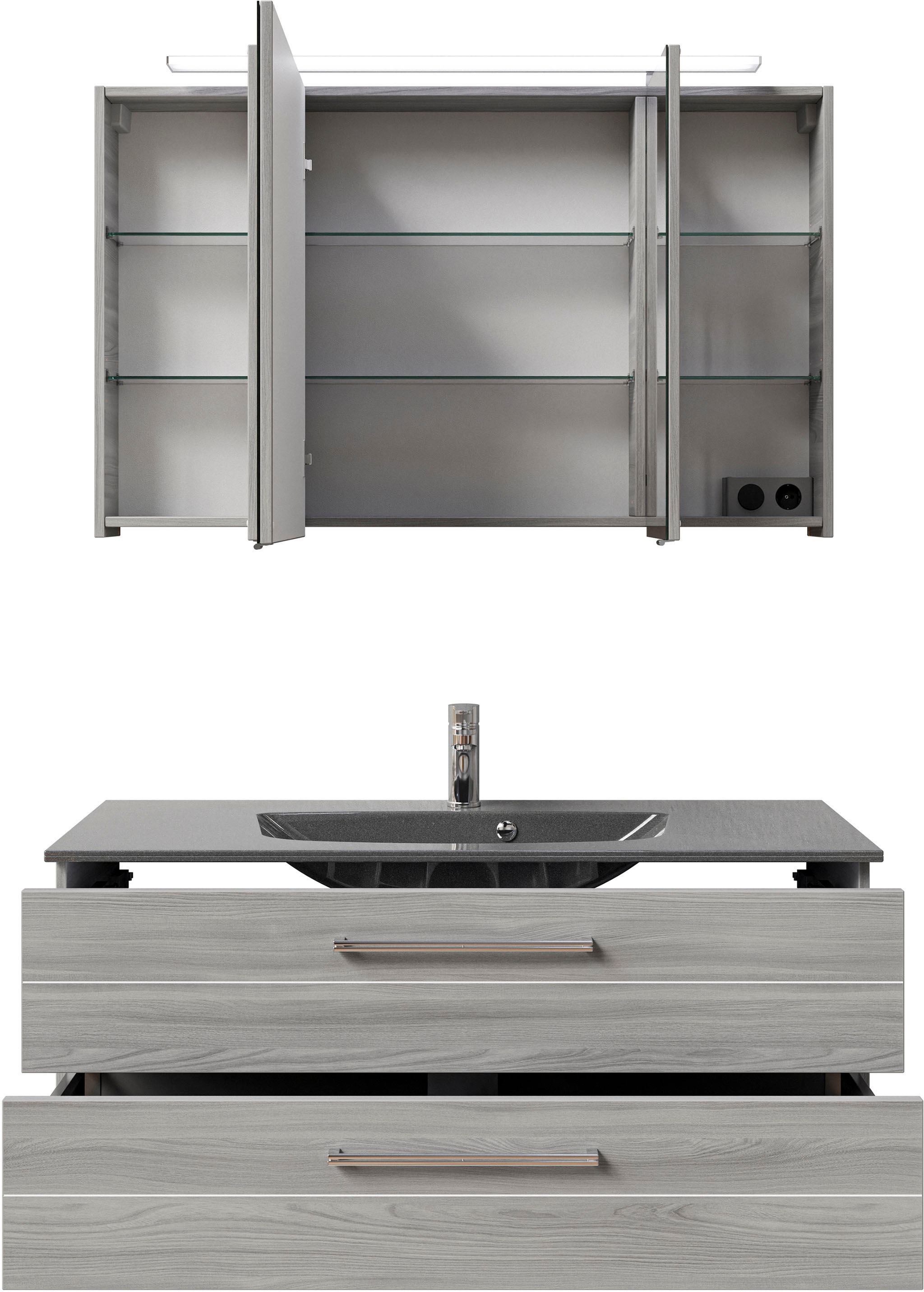 Saphir Badmöbel-Set »Serie 6025 2-teilig Mineralmarmor-Waschtisch mit LED-Spiegelschrank«, (2 St.), Waschplatz 117cm breit, 2 Schubladen, 3 Spiegel-Türen, inkl Türdämpfer