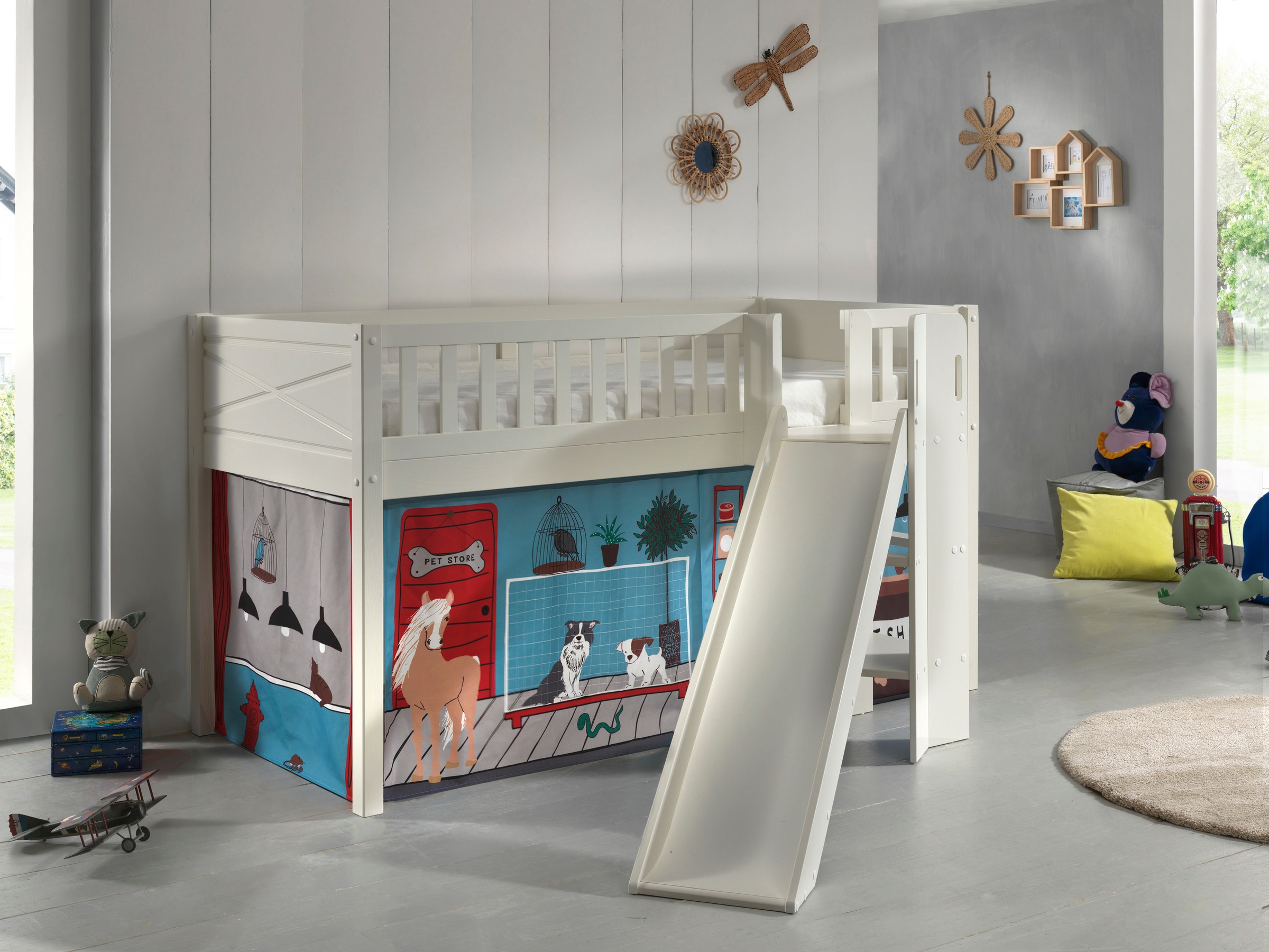 Vipack Hochbett »Scott«, (Made in Europe), m. Rutsch-/Leiterturm, LF 90x200 cm, Vorhang, Tunnel, 7 Designs