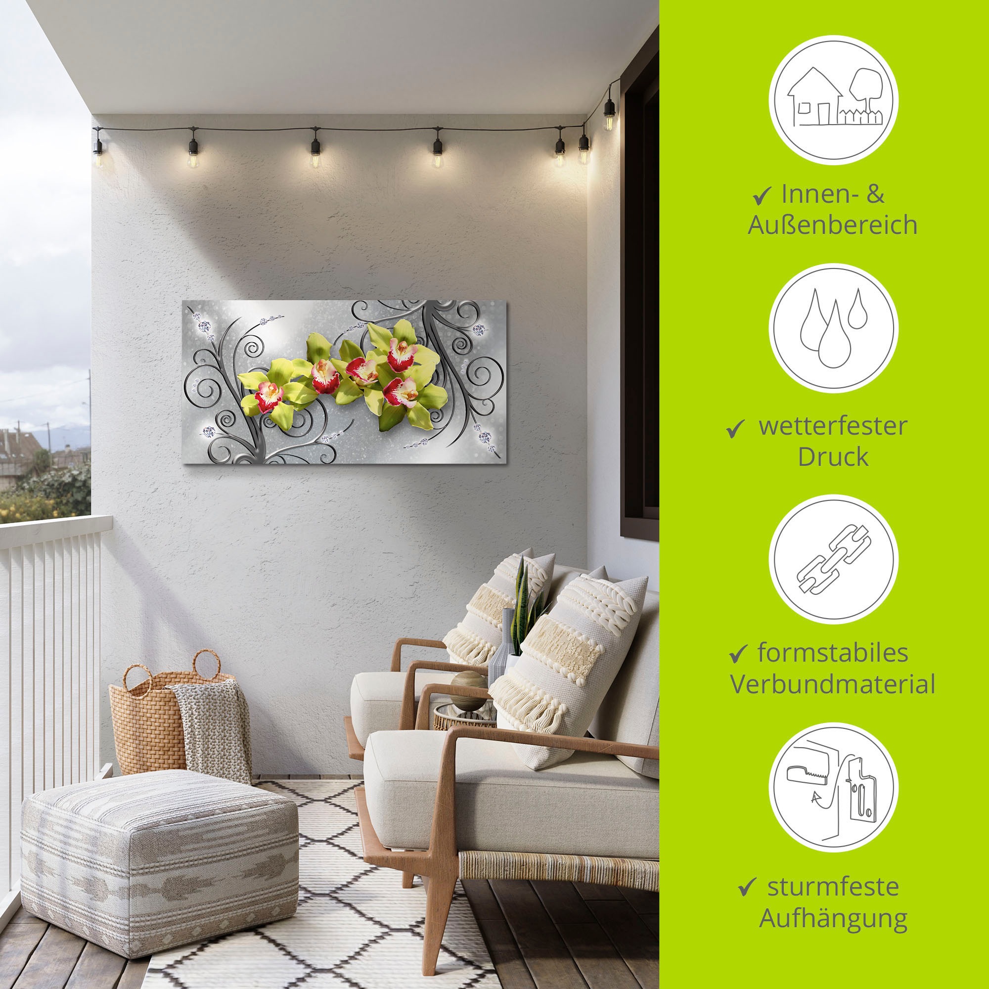 Artland Wandbild »Grüne Orchideen auf Ornamenten«, Blumenbilder, (1 St.), als Alubild, Outdoorbild, Leinwandbild, Poster, Wandaufkleber