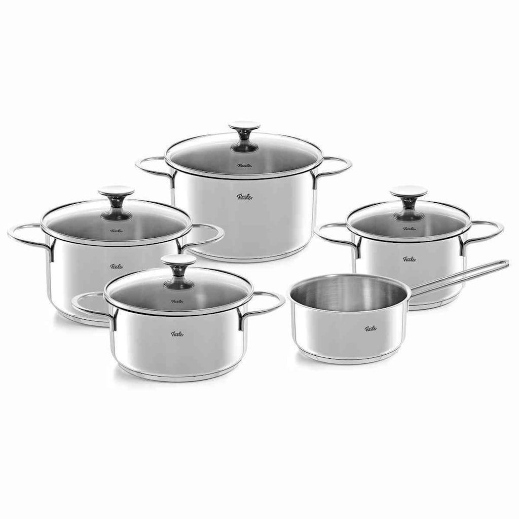 Fissler Topf-Set »Copenhagen«, Edelstahl 18/10, (Set, 9 tlg., Bratentopf 20 cm, je 1 Kochtopf 16/20/24 cm, Stielkasserolle 16 cm)