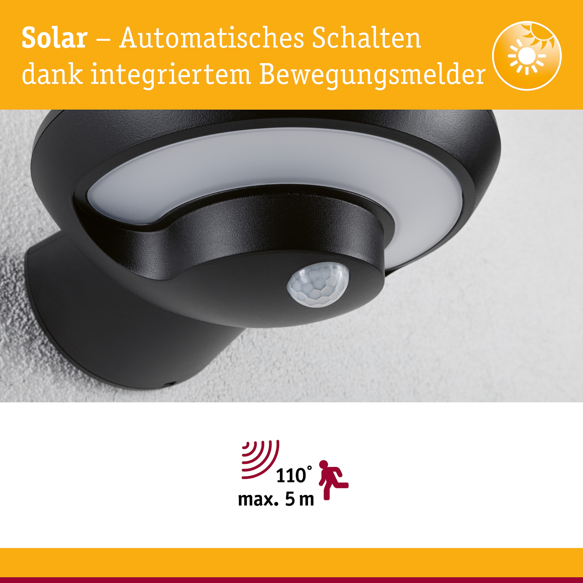 Paulmann LED Außen-Wandleuchte »Solar Bordola IP44 180x211mm 3000K 3,5W 220lm Anthrazit Kunststoff« 1 Stk. Warmweiß Bewegungsmelder