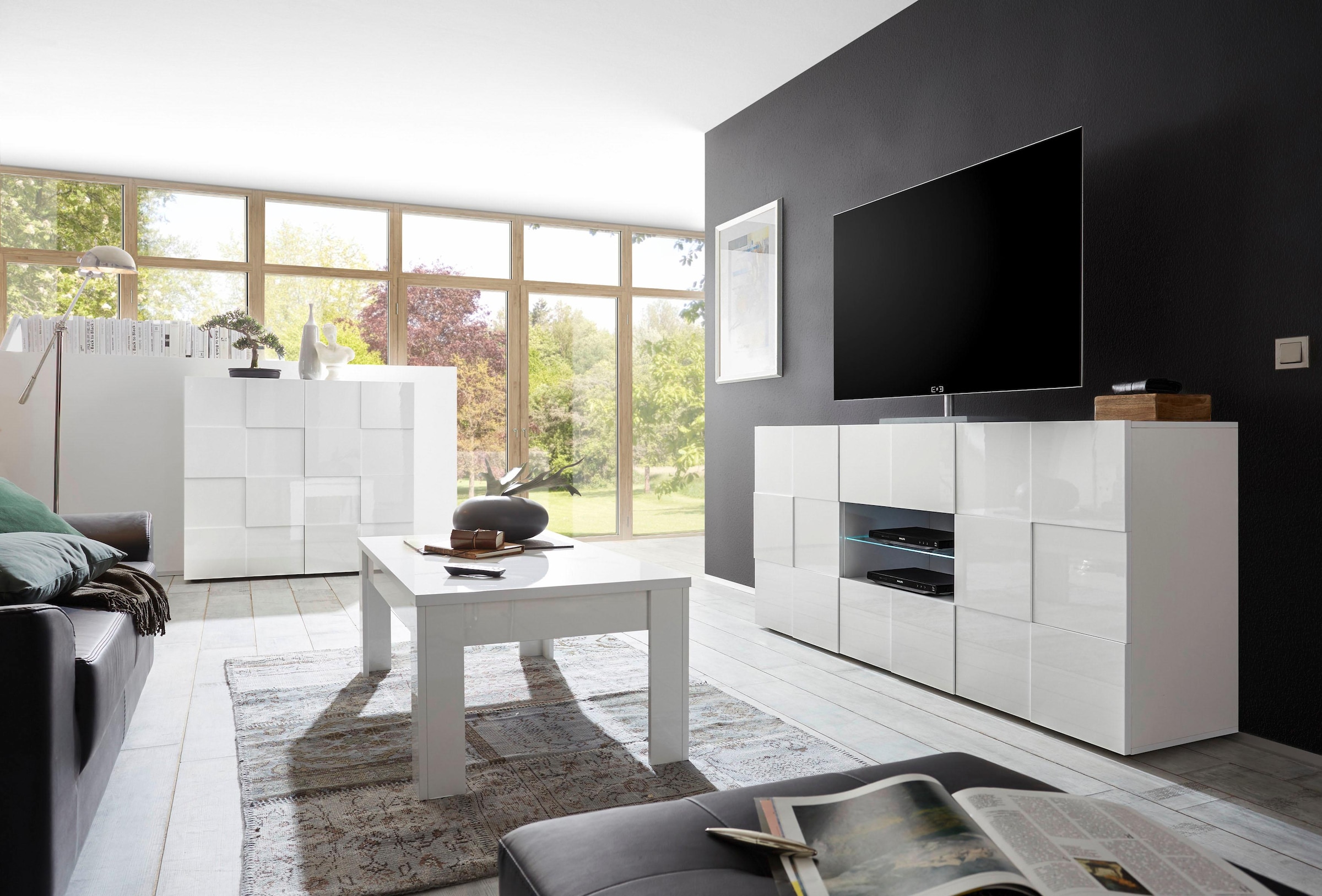 INOSIGN Highboard »Dama Höhe 111 cm, Breite 121 cm, Kommode 2 Türen, Hochkommode«, Front in 3D-Optik, viel Stauraum, verschiedene Farben