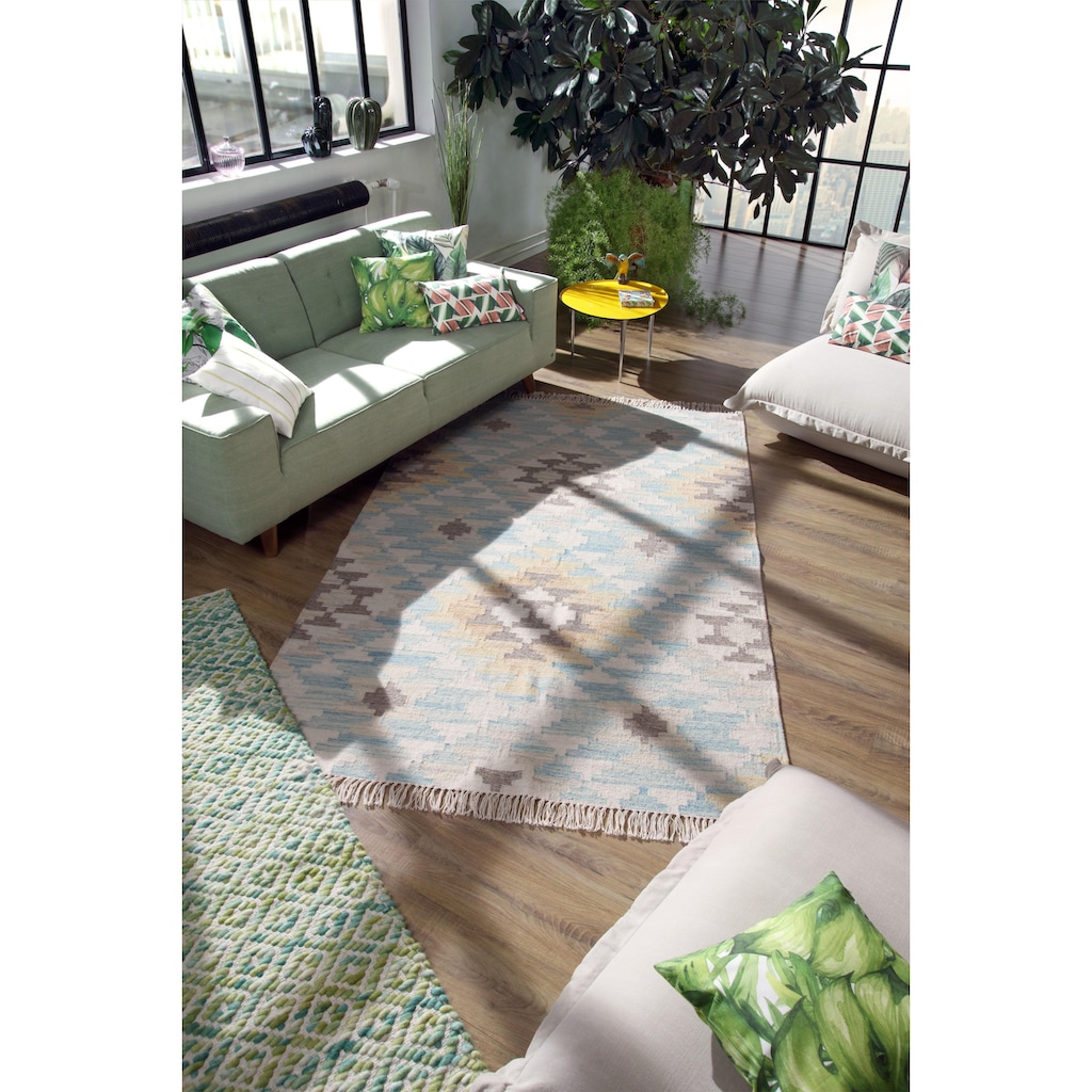 TOM TAILOR Teppich »Check Kelim«, rechteckig, 5 mm Höhe, handgewebt, mit Fransen, Boho-Style, ideal im Wohnzimmer & Schlafzimmer