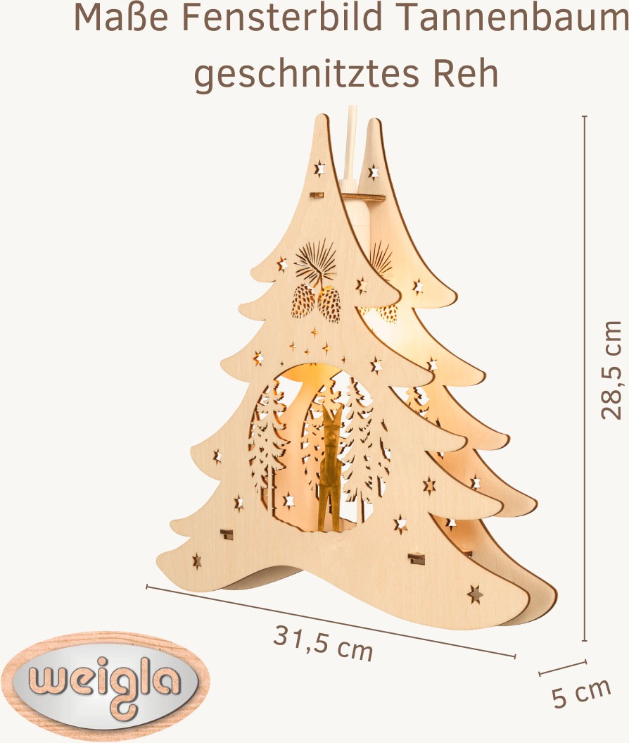 Weigla Dekobaum »beleuchtetes Fensterbild Tannenbaum geschnitztes Reh NATUR-BRAUN«, Erzgebirge garantiert, Weihnachtsdeko Innen, Weihnachtsbeleuchtung
