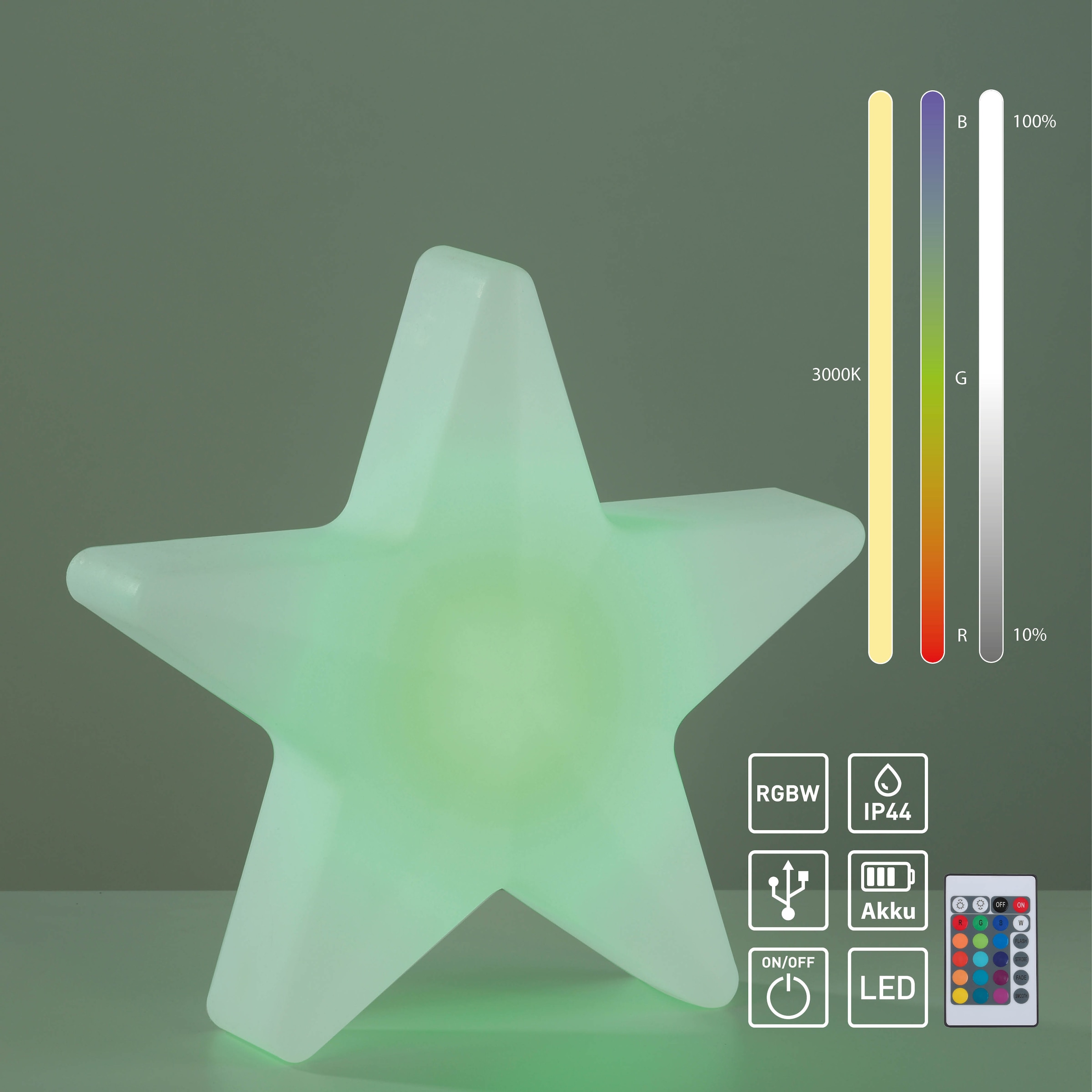 JUST LIGHT LED Gartenleuchte »AKKU STAR« LED-Board 1 Stk. RGB Akkubetrieben, IP44, Dimmbar über Infrarot-Fernbedienung, RGB+W,