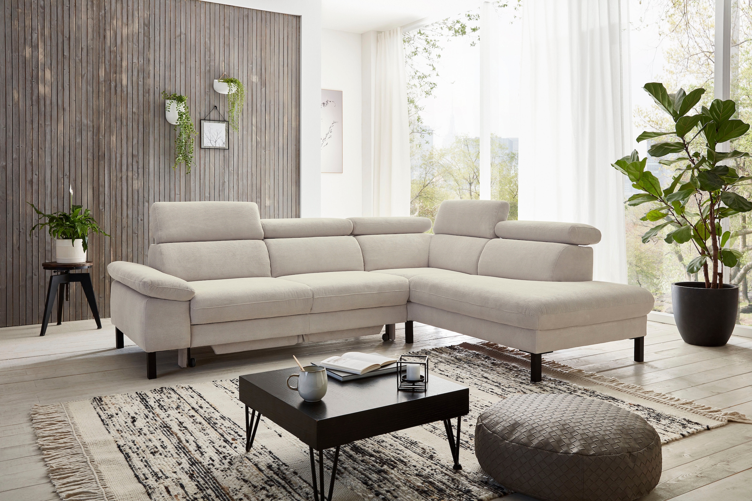 Home affaire Ecksofa »Arnayon mit Querschläfer-Bettfunktion, Schlafsofa, großer Bettkasten«, manuelle Kopfteilverstellung, Tonnentaschen-Federkern, Feincord L-Form
