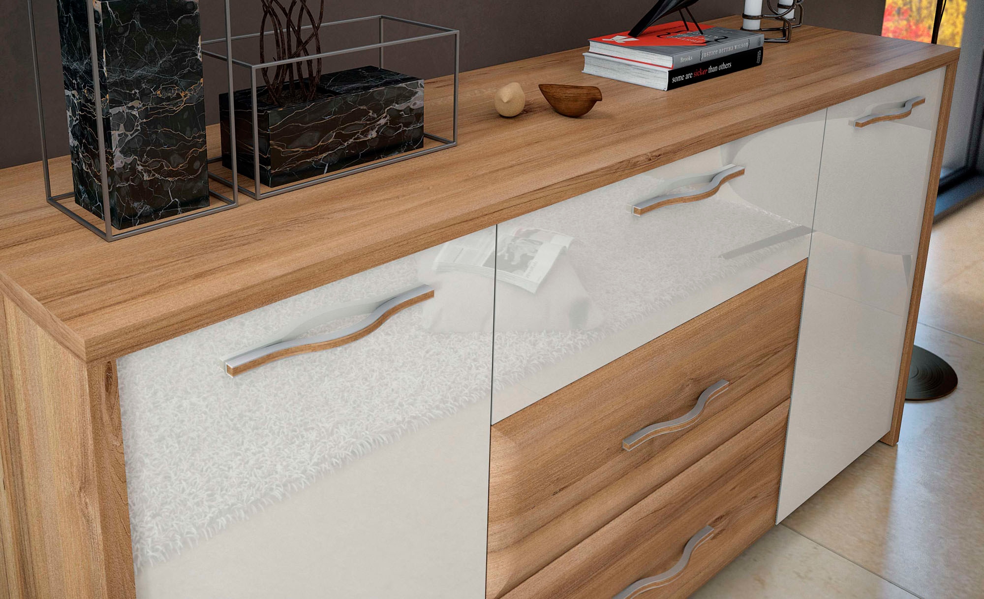 Home affaire Kommode »Gala, melaminbeschichtet und beige hochglänzend UV lackiert«, (Soft-Close Funktion, Maße: B/T/H 170/46/83cm), 2trg., mit 4 Schubladen, klassische Rahmenoptik, FSC-zertifiziert