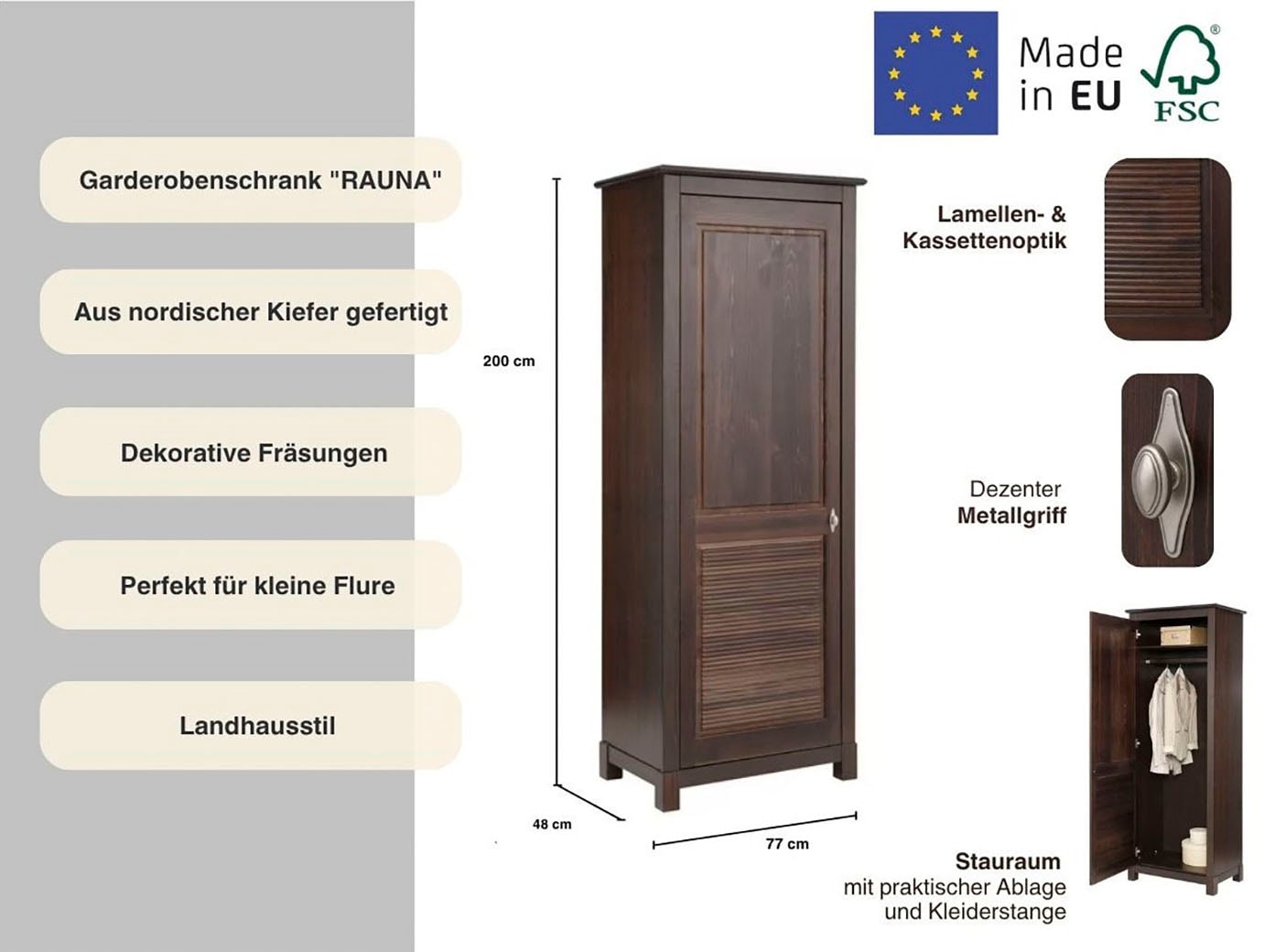 Home affaire Garderobenschrank »Rauna«, aus massiver Kiefer, FSC®, mit dekorativen Fräsungen