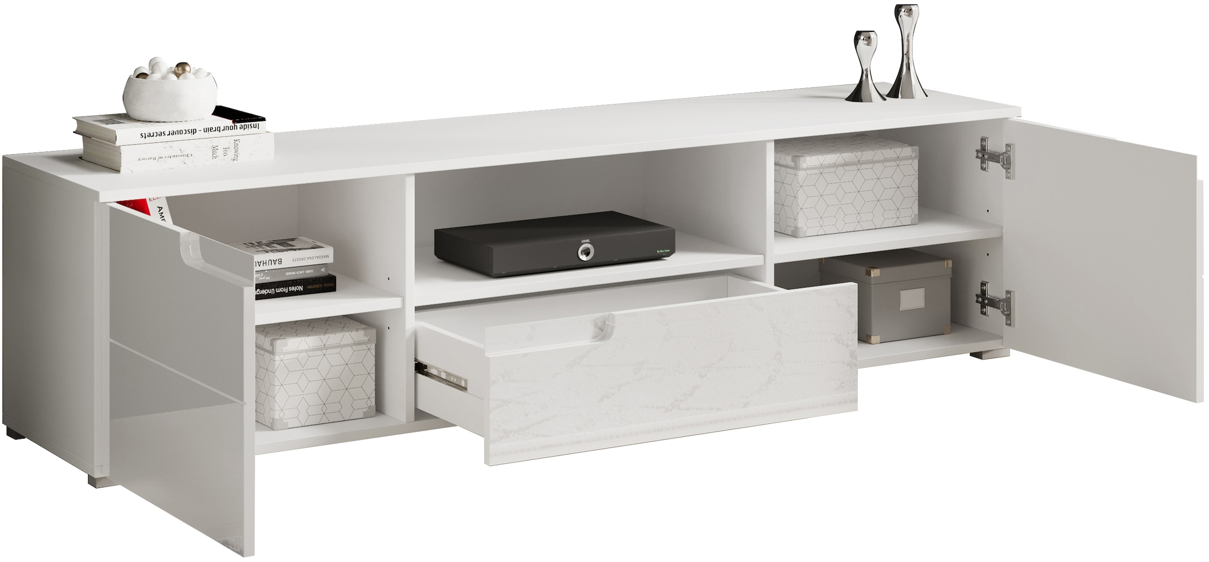 HBZ Lowboard »Spice weiß Hochglanz, TV Schrank bis 65 Zoll, BxHxT 165x42x40 cm«, (1 St.), Mit 2 Türen, 1 Schubkasten, 1 Kabeldurchführung, 1 offenes Fach