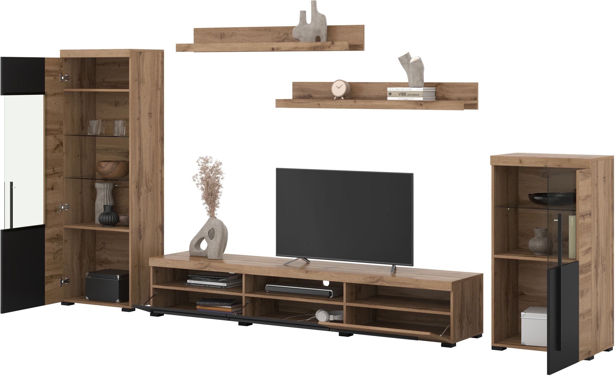 INOSIGN Wohnwand »Roger,Breite 270 cm moderne Mediawand ohne Beleuchtung«, (Set, 5 St.), Anbuwand (Set,5-St) viel Stauraum, Vitrinen mit Glastür