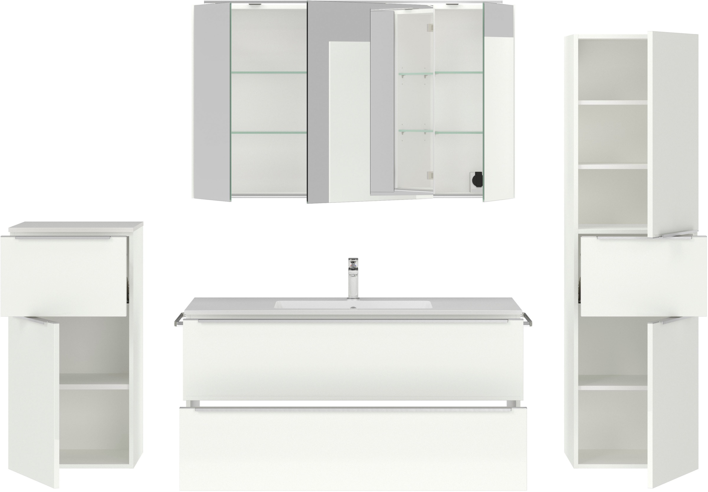 nobilia® Badmöbel-Set »Levere«, (4 St., vormontiert, mit Soft-Close), inkl. Spiegelschrank mit Beleuchtung und Dimmerfunktion, in 4 Breiten