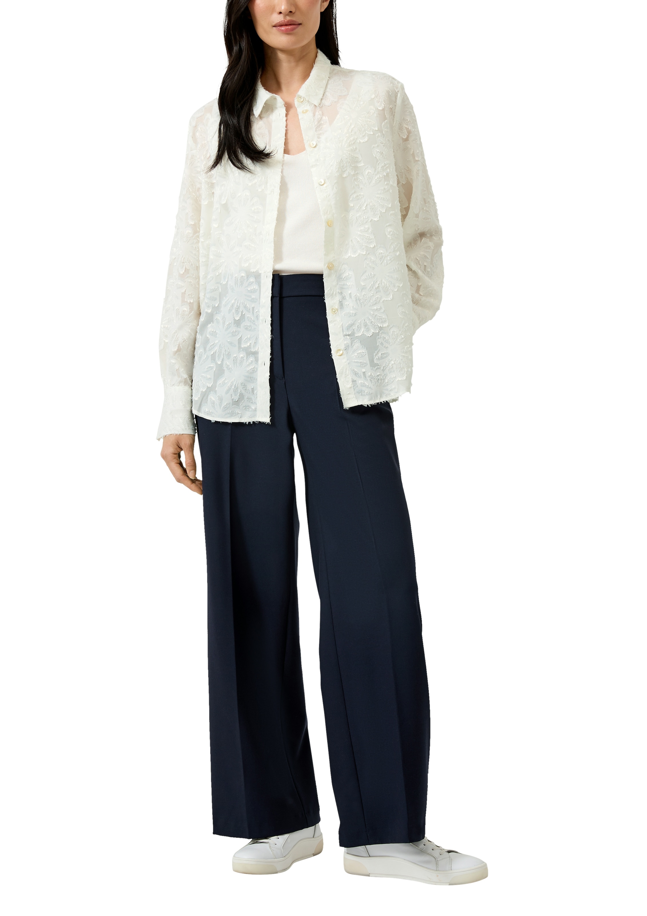 s.Oliver BLACK LABEL Langarmbluse mit Blüten-Appllikationen, transparent