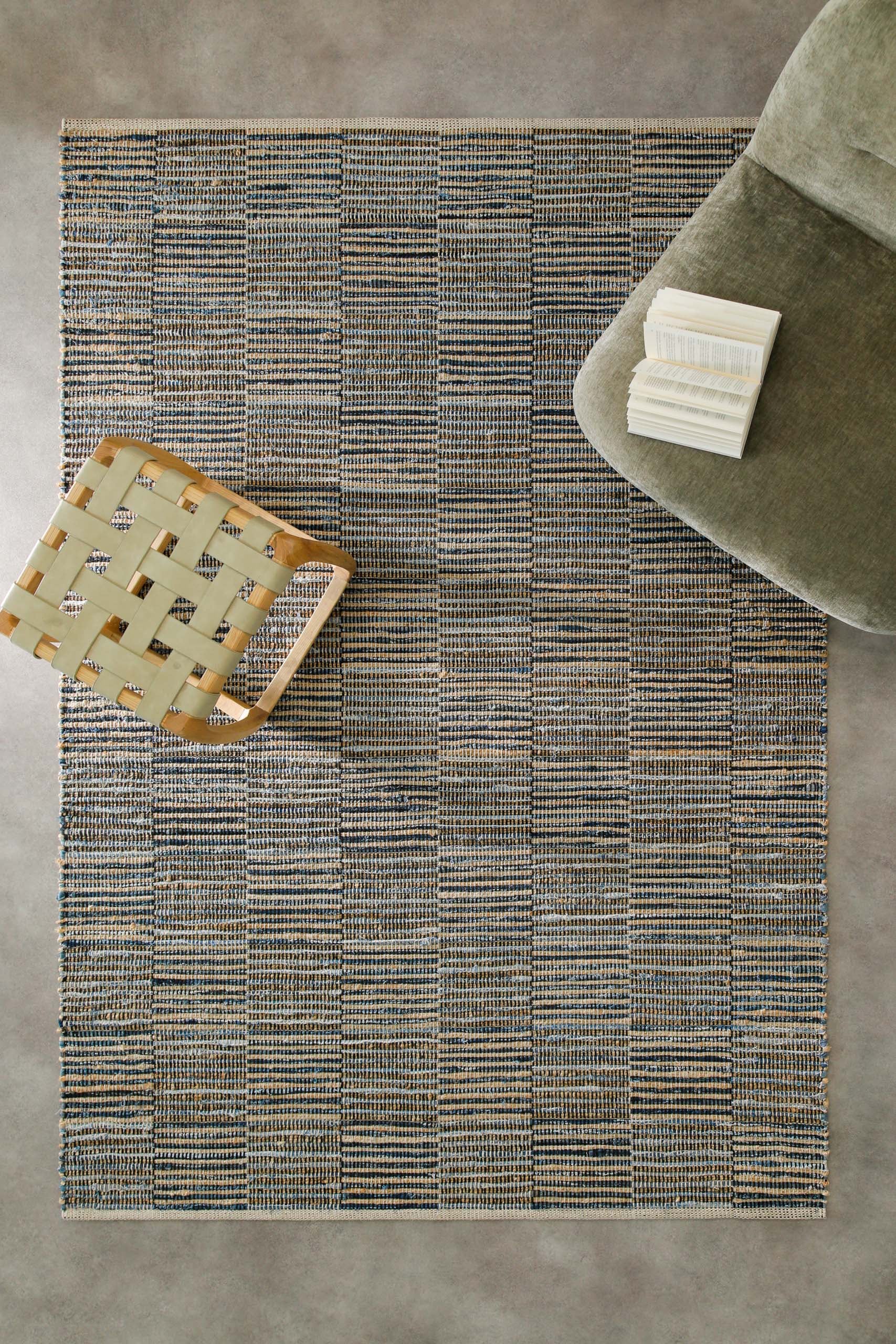 Wecon home Teppich »Denim Blues«, rechteckig, 6 mm Höhe, handgewebt, robust, pflegeleicht, skandi, Natur, Jute, Wohnzimmer