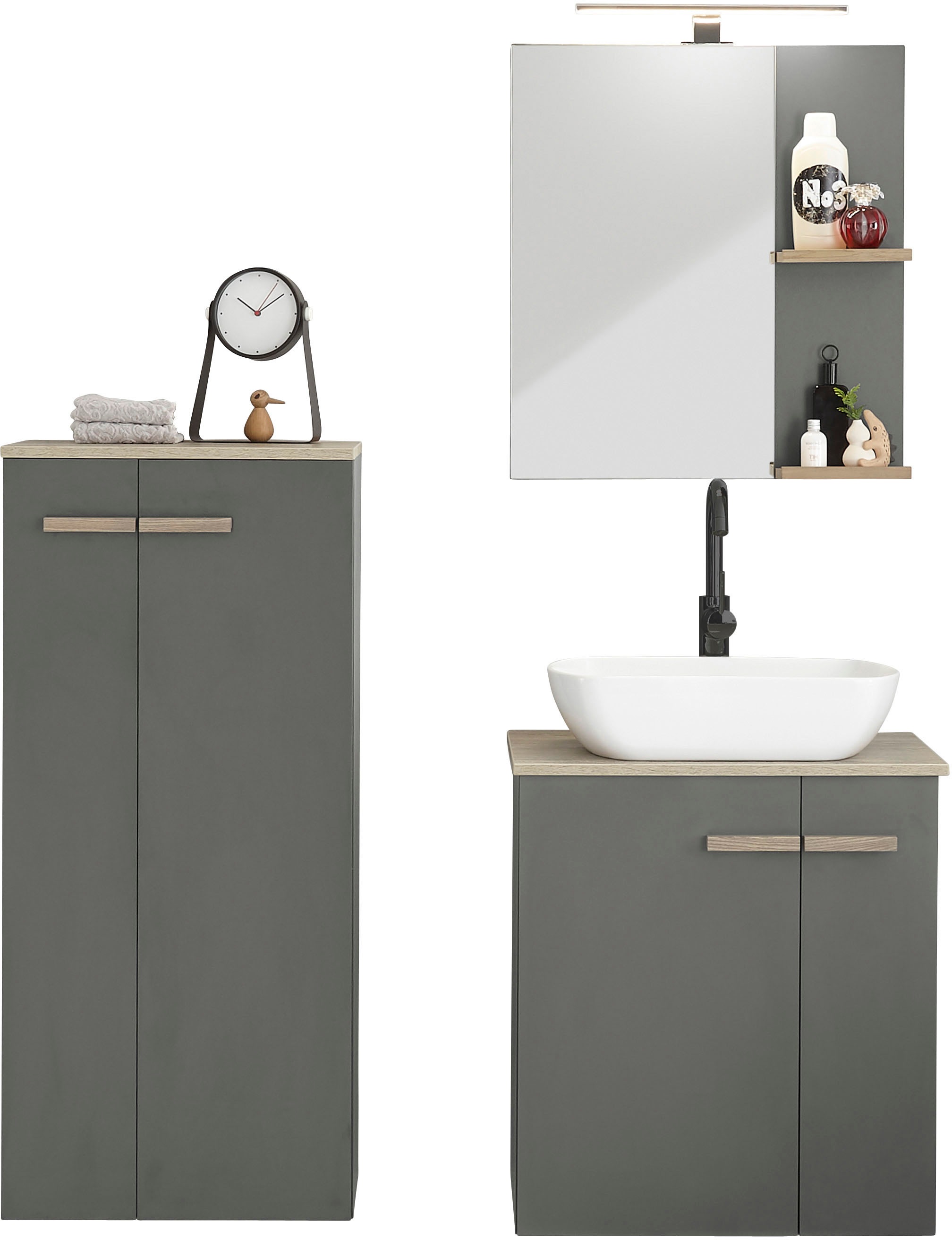 Places of Style Badmöbel-Set »SOLiD, Badmöbel-Set, Bad im modernen Design, 3-teiliges Badezimmer«, (Set, 3 St.), Waschtisch mit Waschbecken, Midischrank, Breite 130 cm