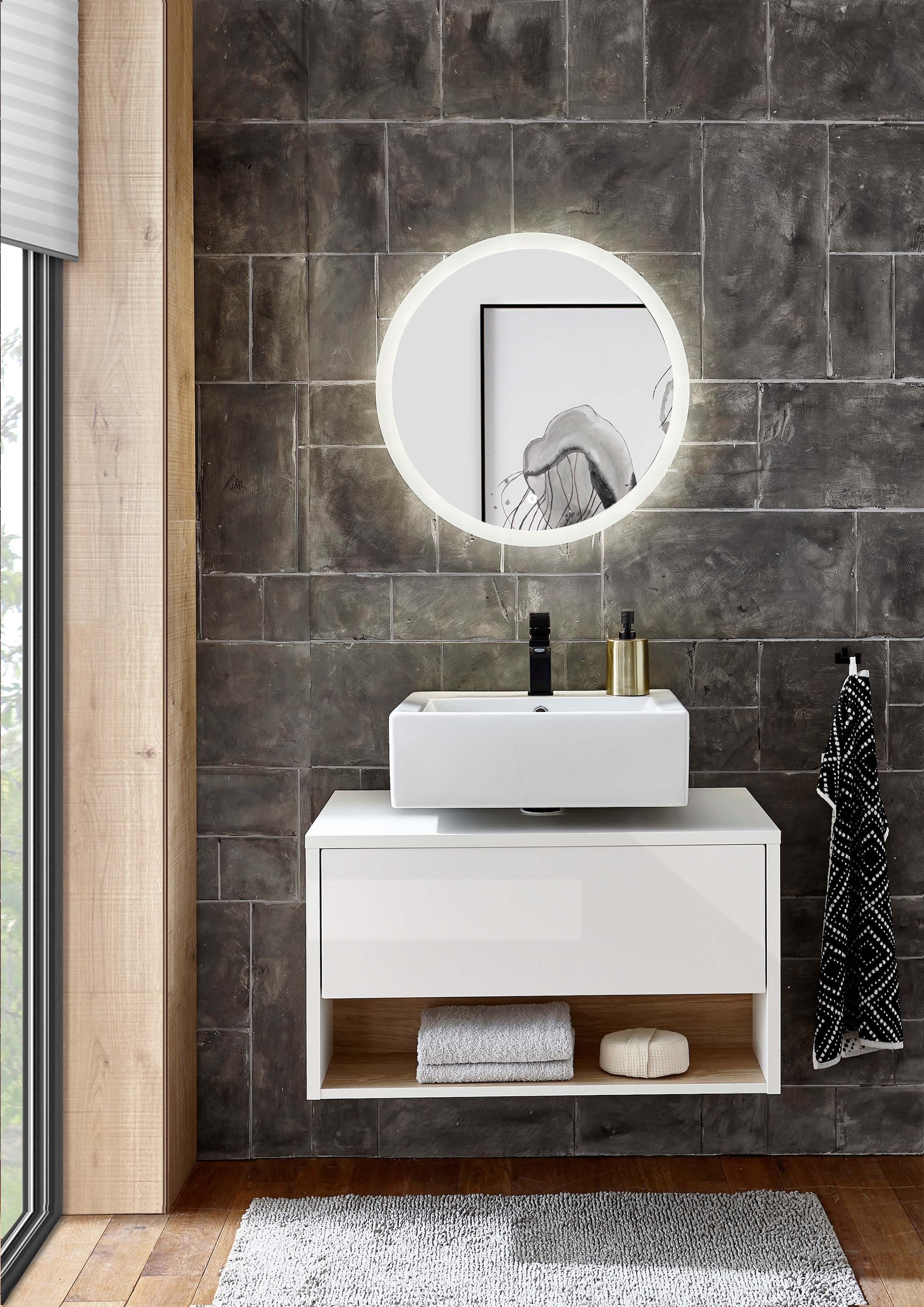 Places of Style Badmöbel-Set »Studio Line, Bad im modernen Design, 2-teiliges Badezimmer«, (2 St.), Unterschrank und Spiegel, in zwei Farben verfügbar, viel Stauraum