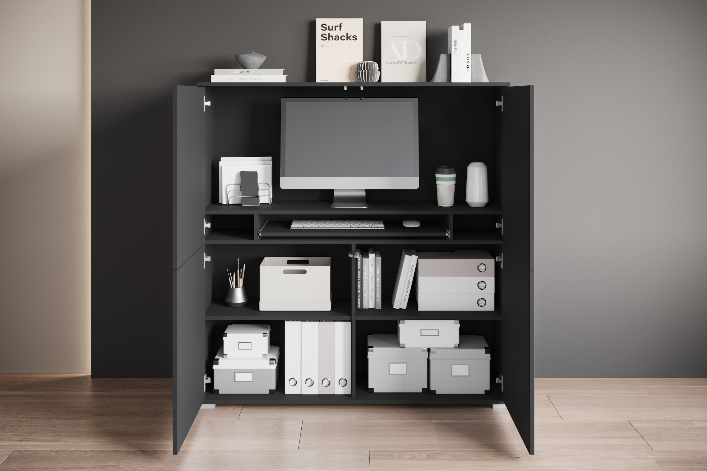 INOSIGN PC-Schrank »Kenia, Sekretär, Home Office«, (1 St.), Mit Push-to-open, Tastaturauszug und praktischem Stauraum