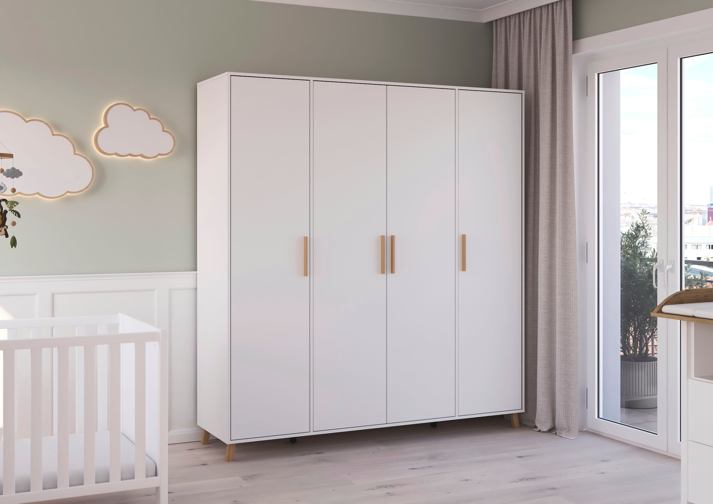 rauch Drehtürenschrank »Kleiderschrank Schrank Garderobe Wäscheschrank SHINJO«, (in 3 verschiedenen Ausstattungen BASIC/CLASSIC/PREMIUM), Griffe und Füße aus Massivholz, viel Stauraum MADE IN GERMANY
