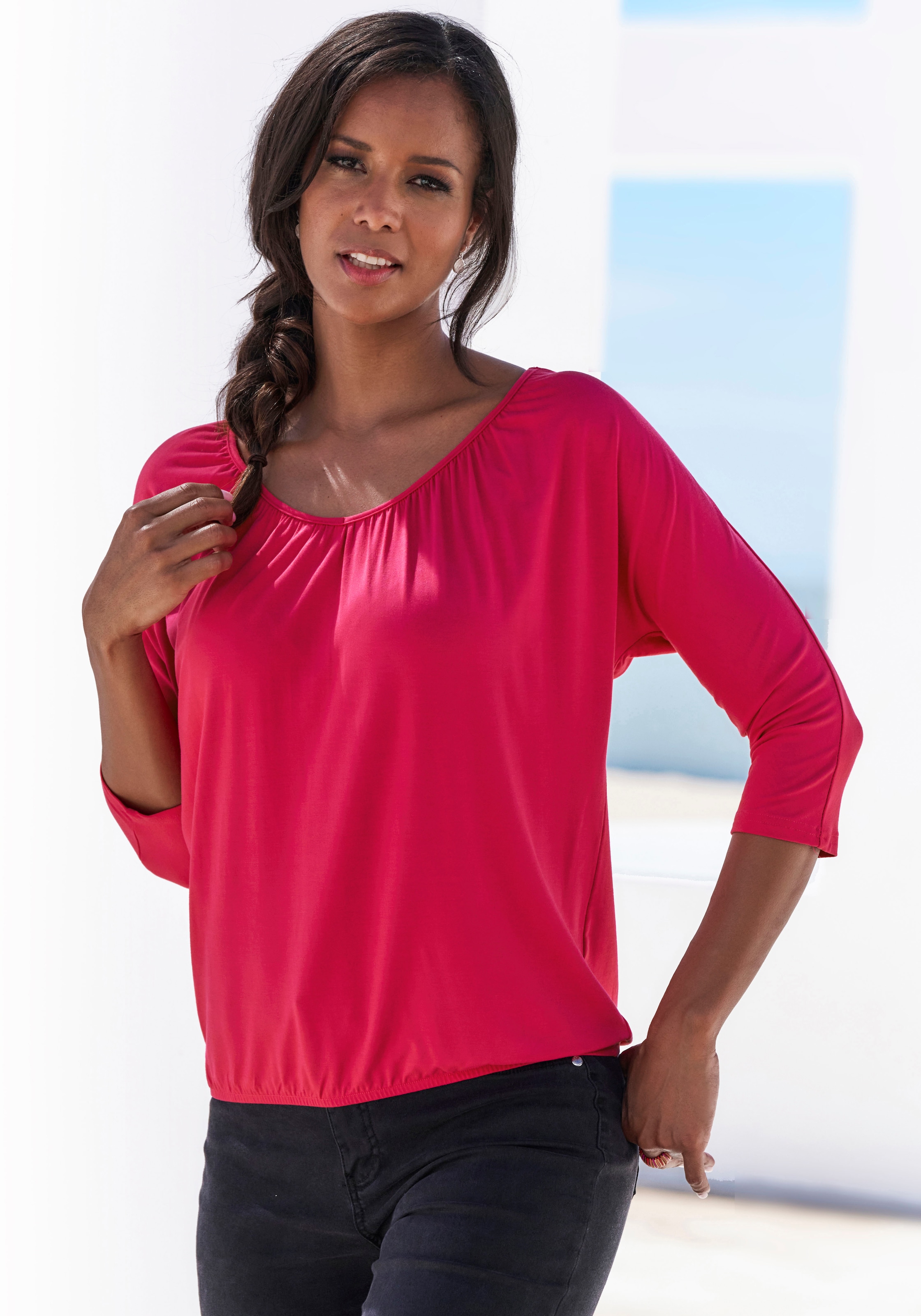 LASCANA 3/4-Arm-Shirt »mit zarter Raffung am Ausschnitt«, (2er-Pack), aus weichem Viskose-Stretch