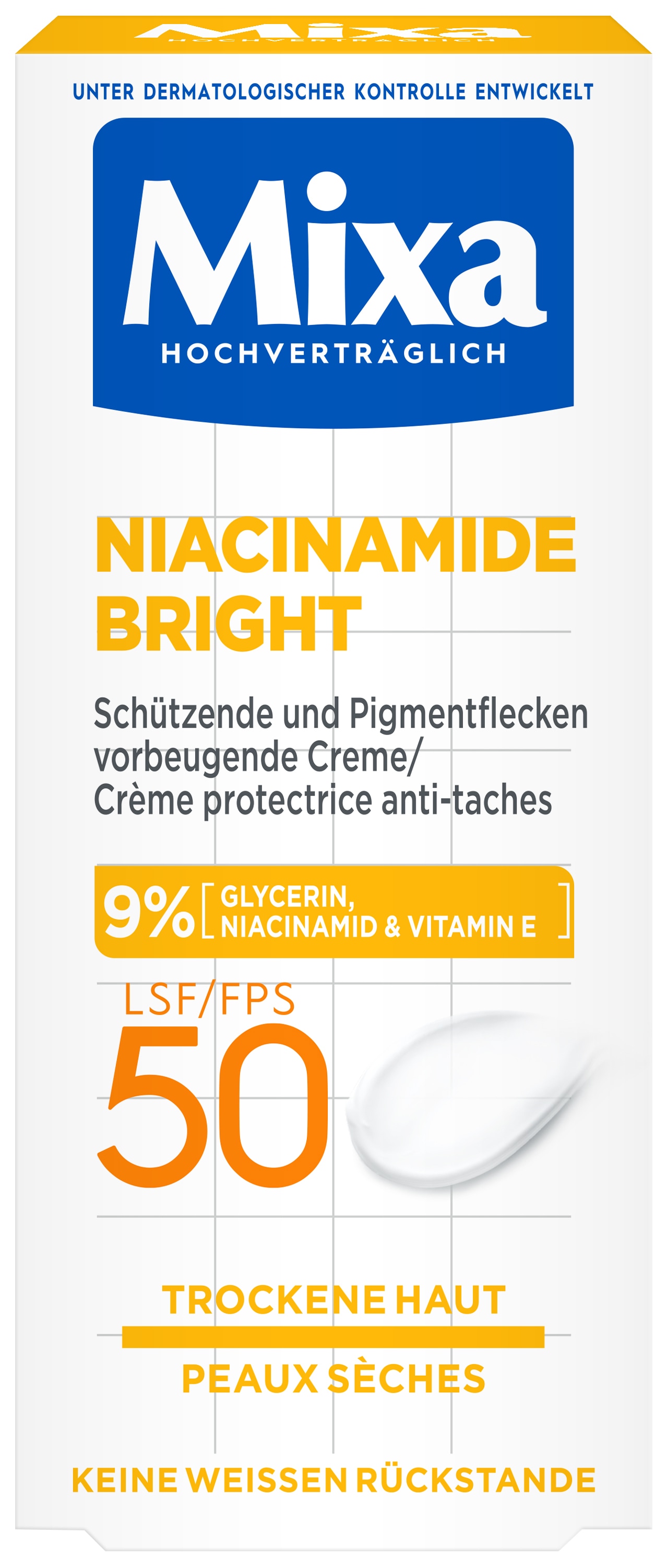 Mixa Körpercreme »Mixa Niacinamide Bright Creme LSF 50«, Mildert sonnenbedingte Pigmentflecken, versorgt trockene Haut.