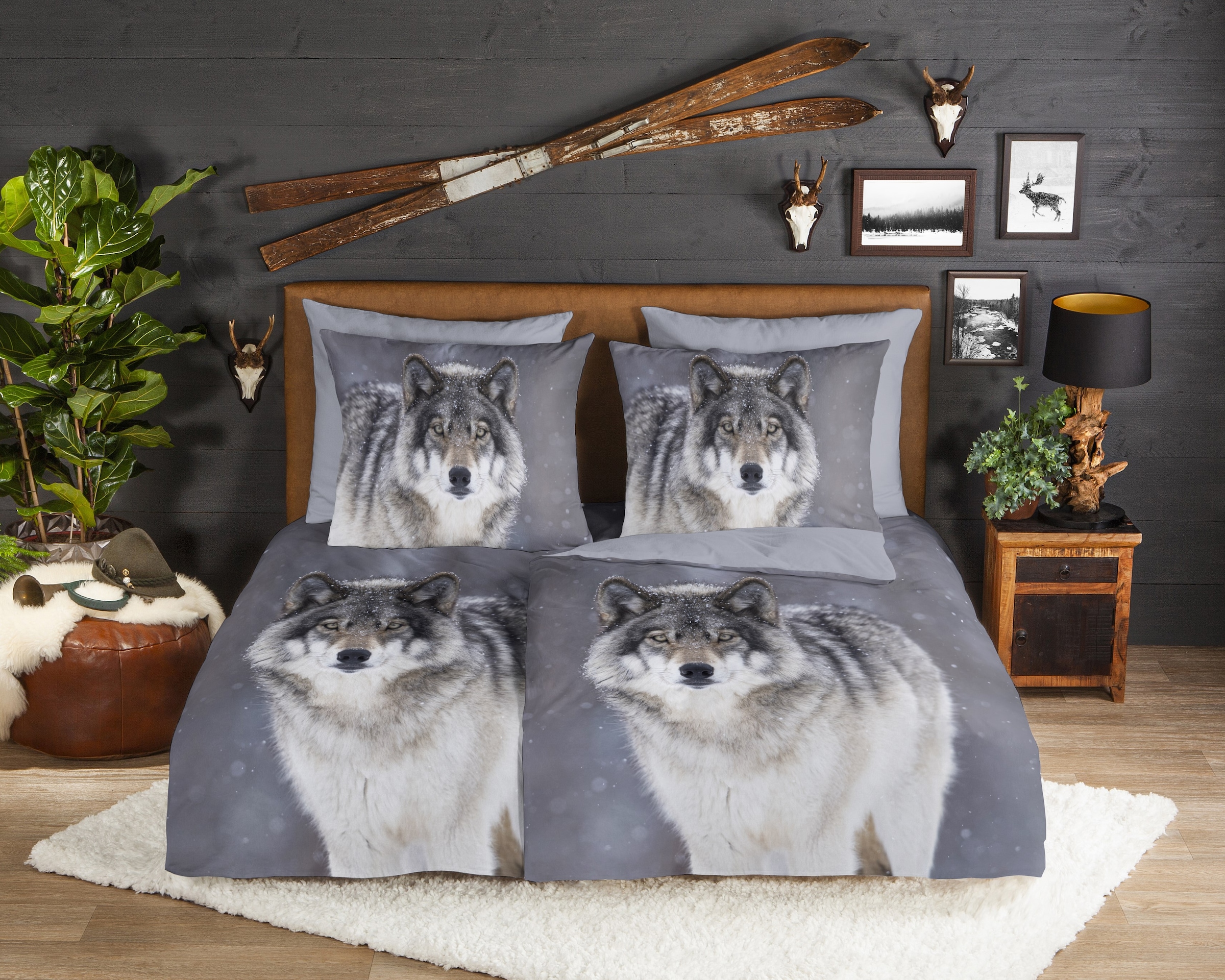 good morning Wendebettwäsche »Wolfie«, Flanell, Biber, Winter, Warm, Reißverschluss, Wendeoptik, Wolf, Grau