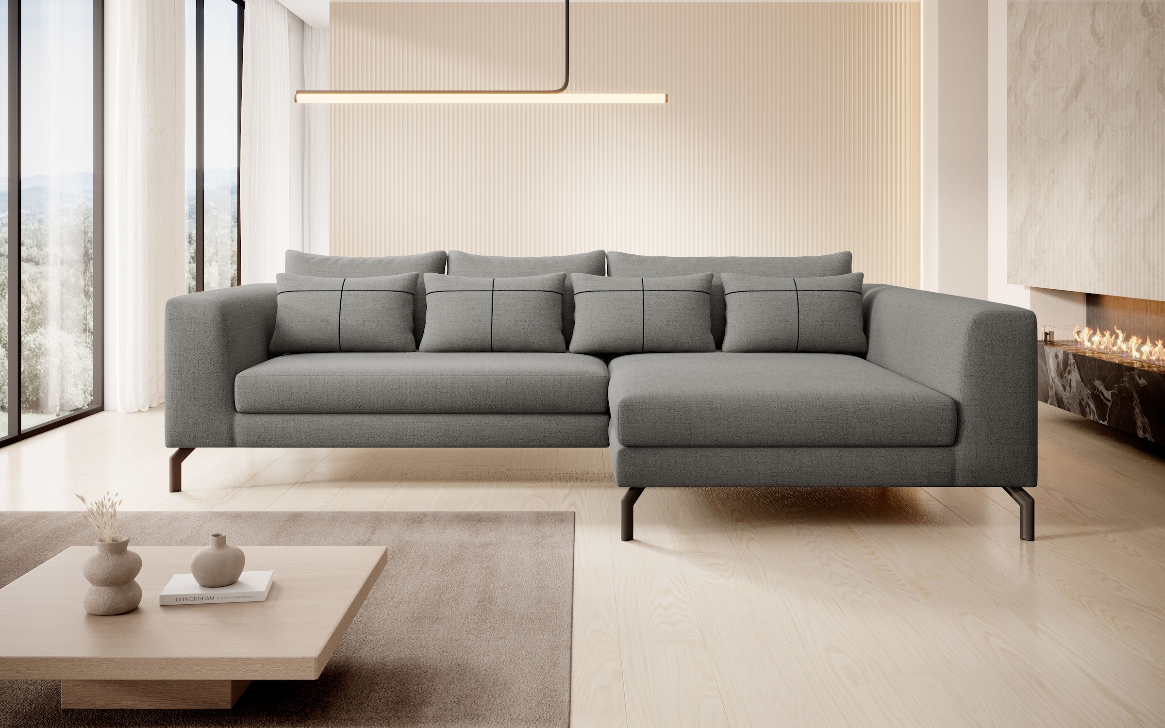 INOSIGN Ecksofa »Cross, mit softem Sitz, L-Form, wendbare Zierkissen, Breite 284 cm«, Couch mit vielen Kissen, stylische Kreuznaht, elegante Metallfüße
