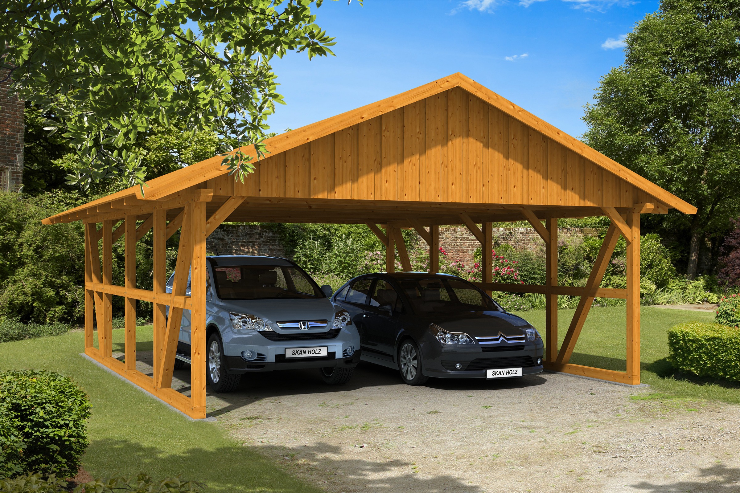 Skanholz Doppelcarport »Schwarzwald«, KVH-Fichte, 560 cm, Eiche hell, mit Dachschalung