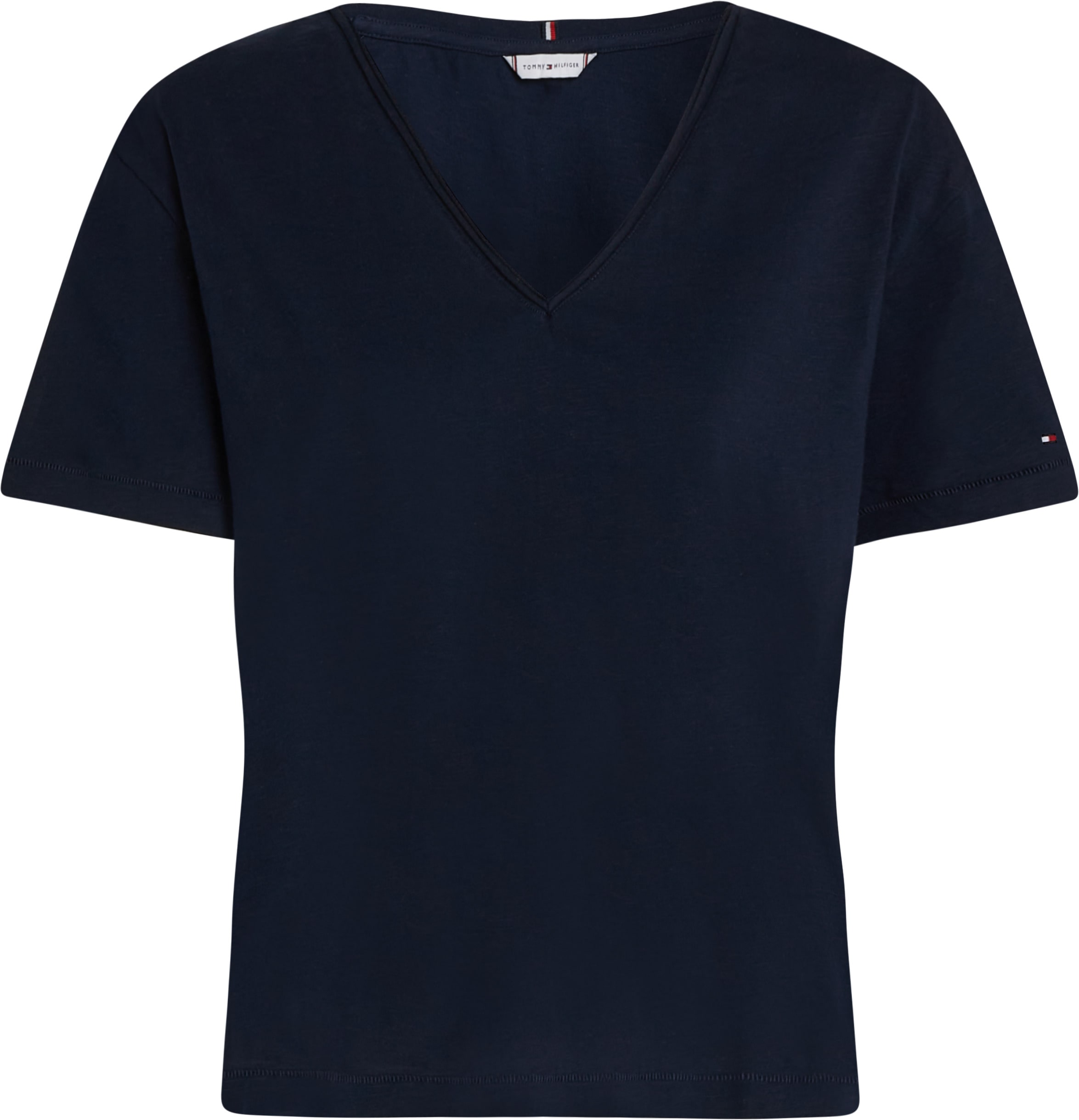 Tommy Hilfiger T-Shirt »SLUB CROP V-NK SS«, mit offener Kante, mit Logostickerei