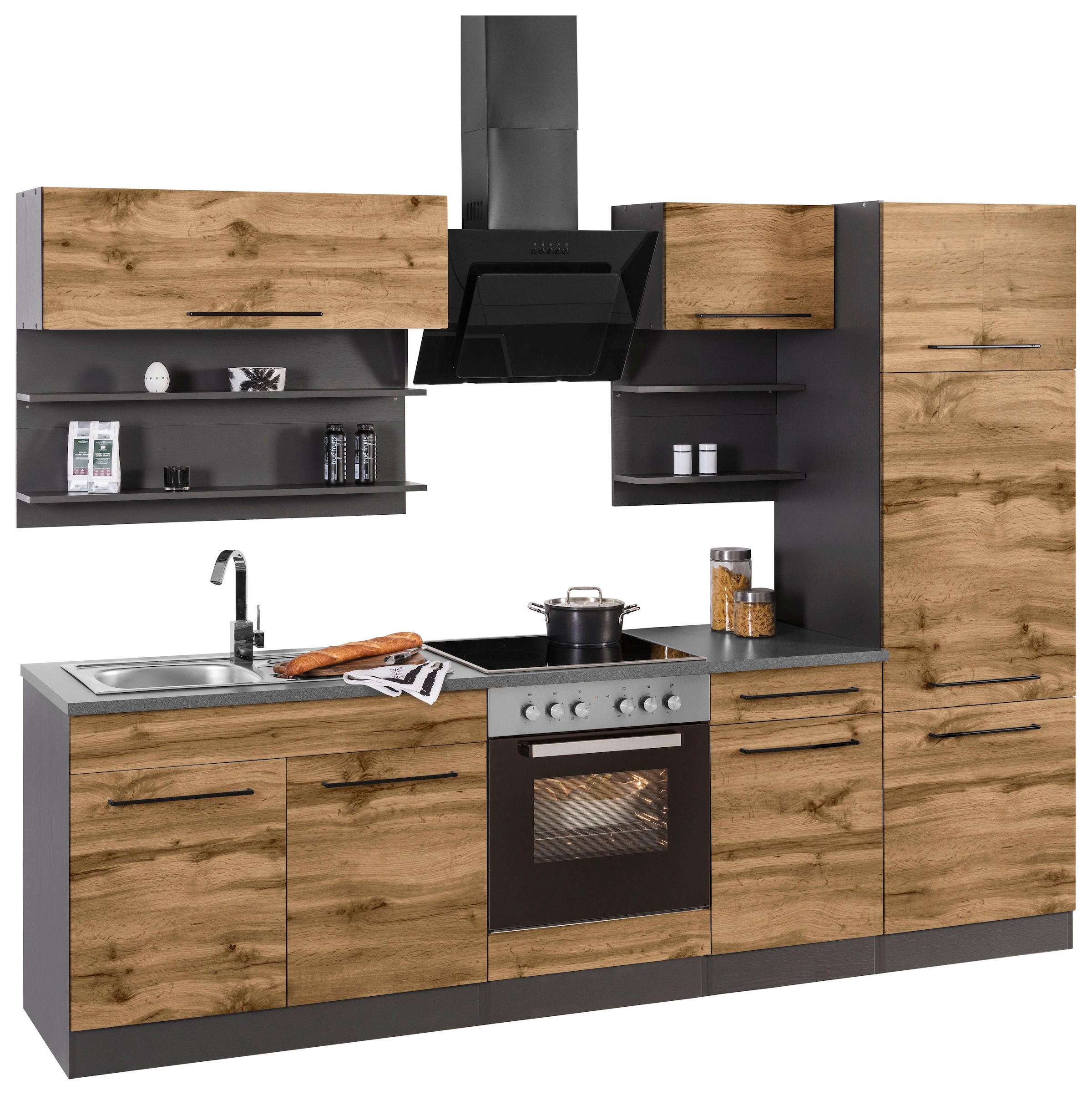 KOCHSTATION Küchenzeile »KS-Tulsa«, mit E-Geräten, Breite 270 cm, schwarze Metallgriffe, MDF Fronten