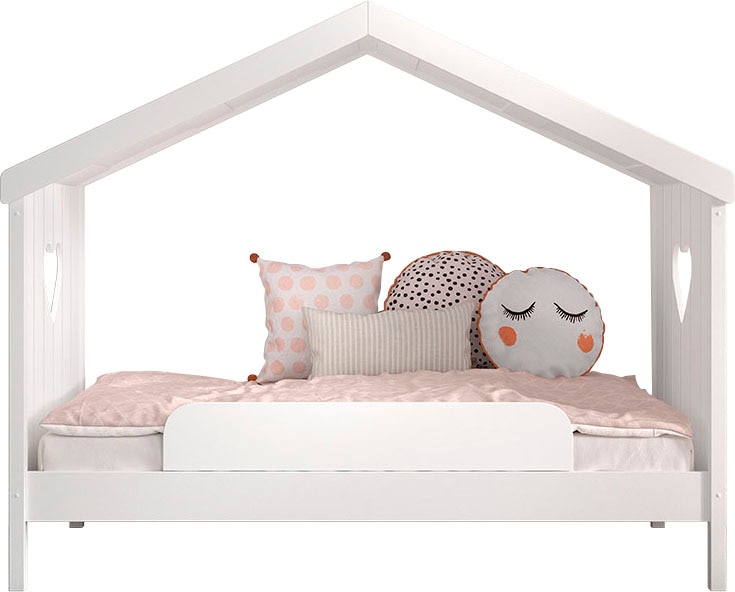 Vipack Hausbett »Amori, inkl. Dach, Rückseitig offen, mit Rolllattenrost«, (B/H/T ca. 213x171,7x98,7cm, verspielte Herz-Ausschnitte seitlich), wahlweise, mit oder ohne Schublade und Absturzschutz, weiß lackiert