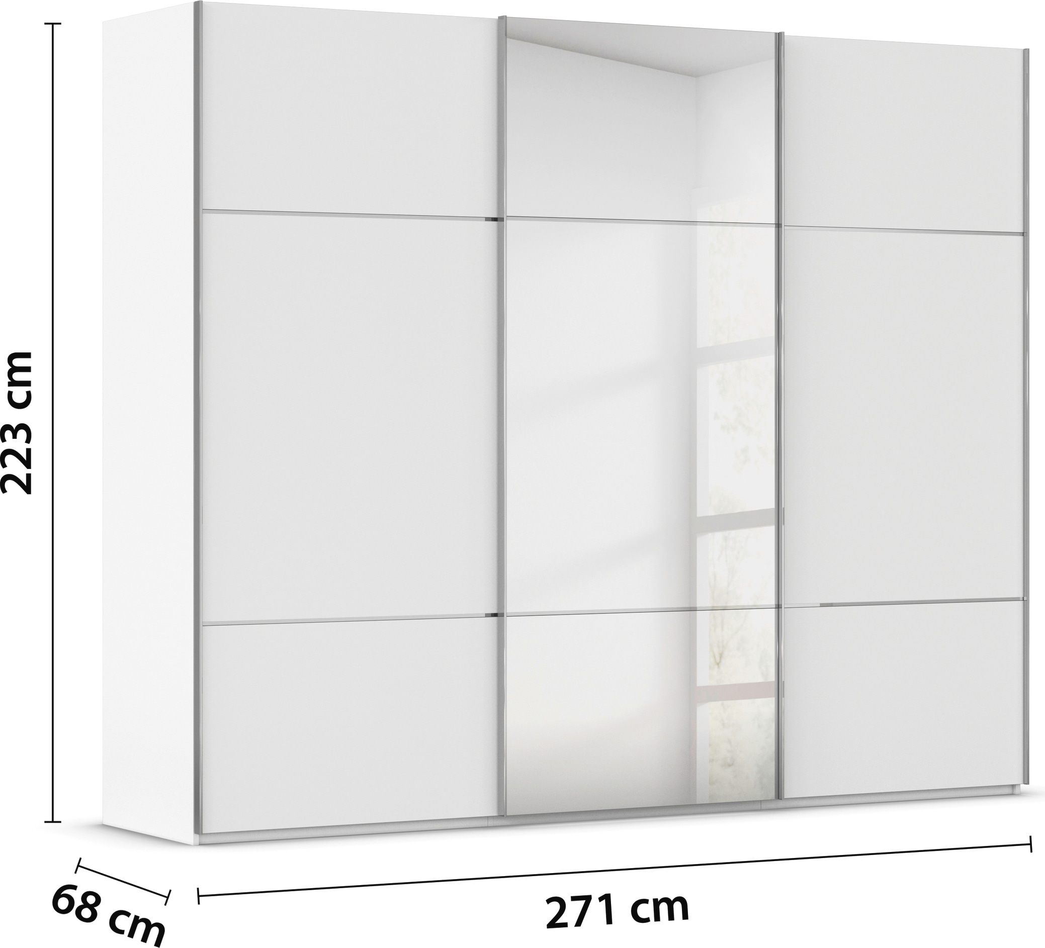 rauch Schwebetürenschrank »Kleiderschrank Schrank Garderobe Schlafzimmerschrank SCALE-TRIO«, edle dreigeteilte Front mit 2 Zierleisten Spiegel/Glas MADE IN GERMANY