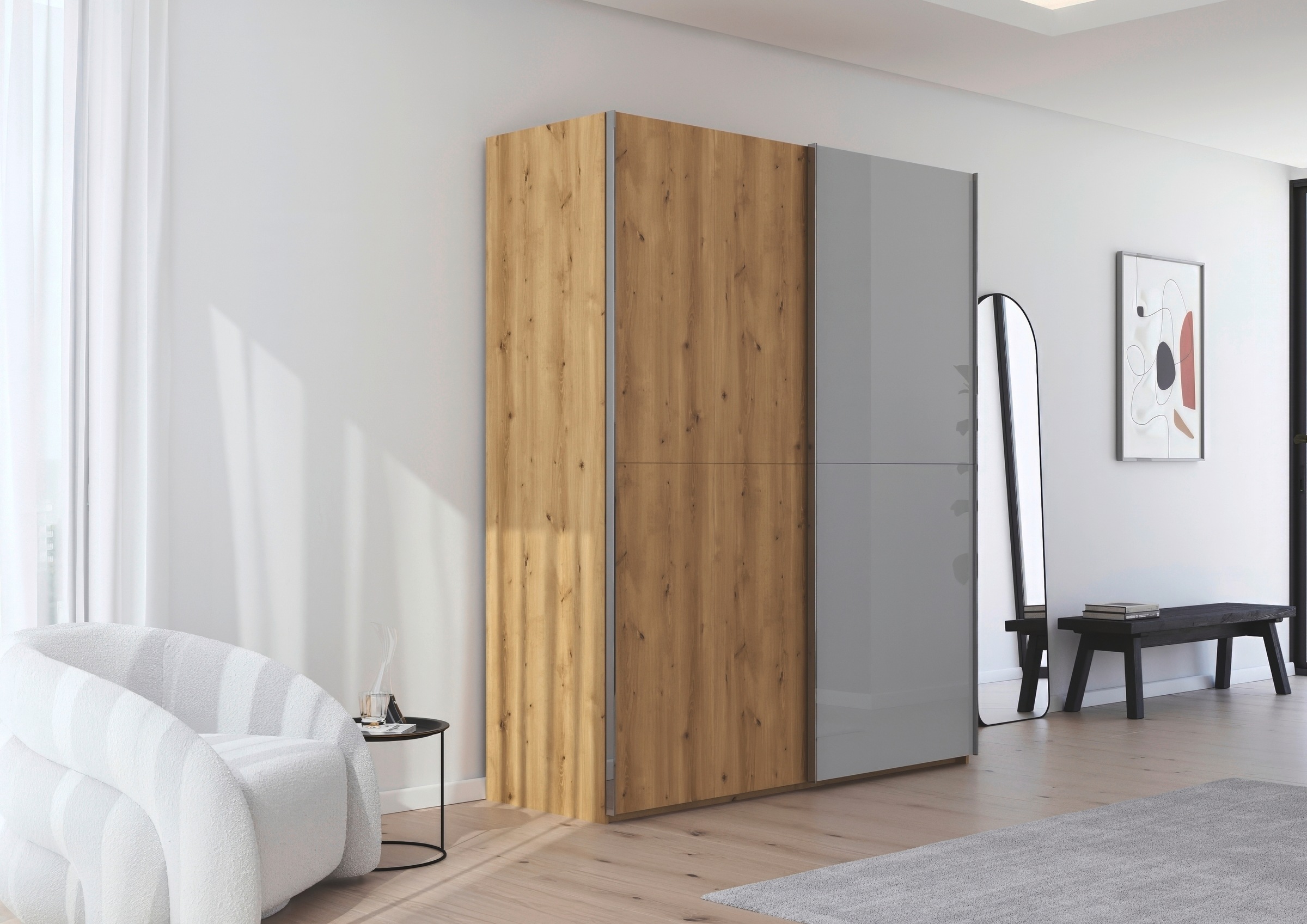 rauch Schwebetürenschrank »Kleiderschrank Schrank Garderobe Schlafzimmerschrank SCALE-WOOD«, edle geteilte Front in massiver Asteiche mit Glastüren MADE IN GERMANY