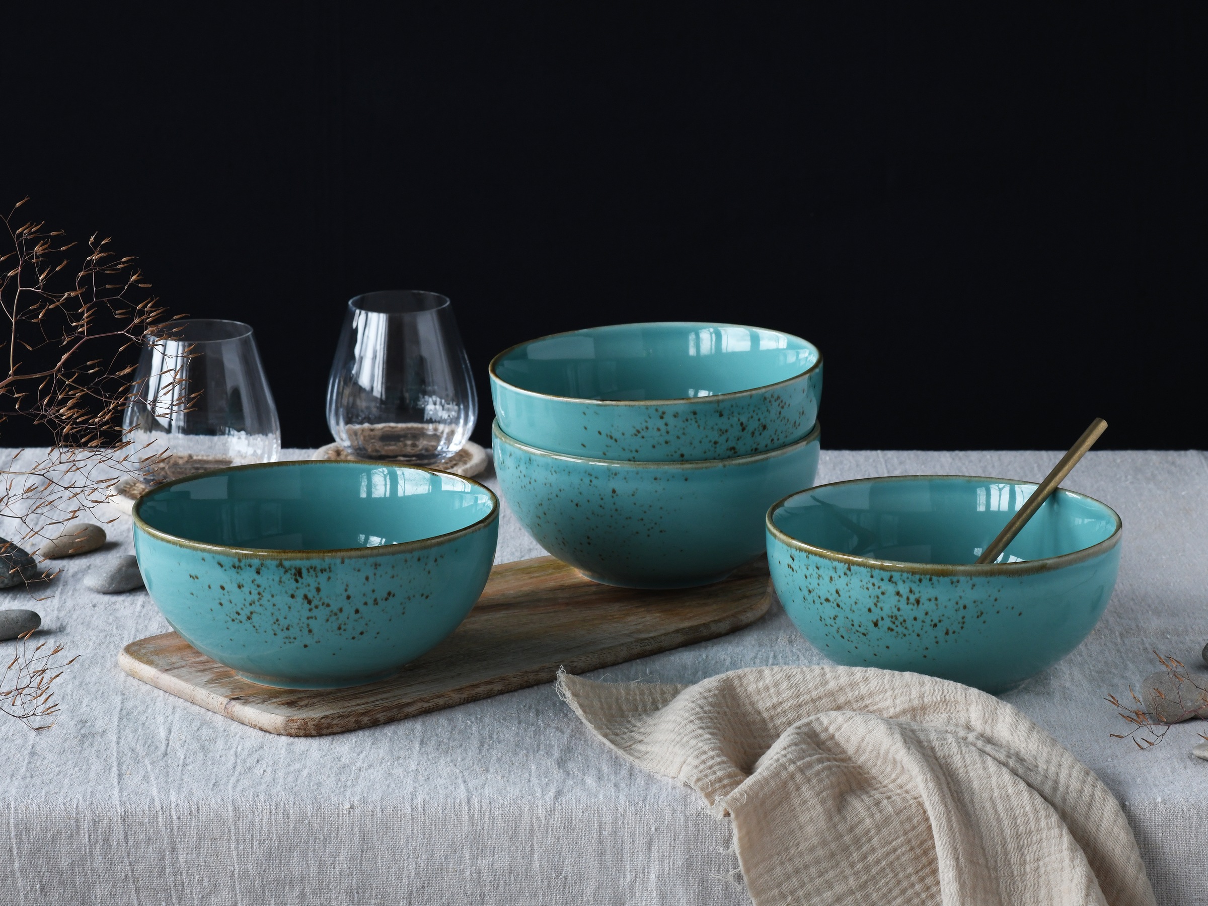 CreaTable Schale »Nature Collection, Buddha Bowl 4-tlg«, 4 tlg., aus Steinzeug, Handwerklicher Look, Vintage, Höhe 7,5 cm