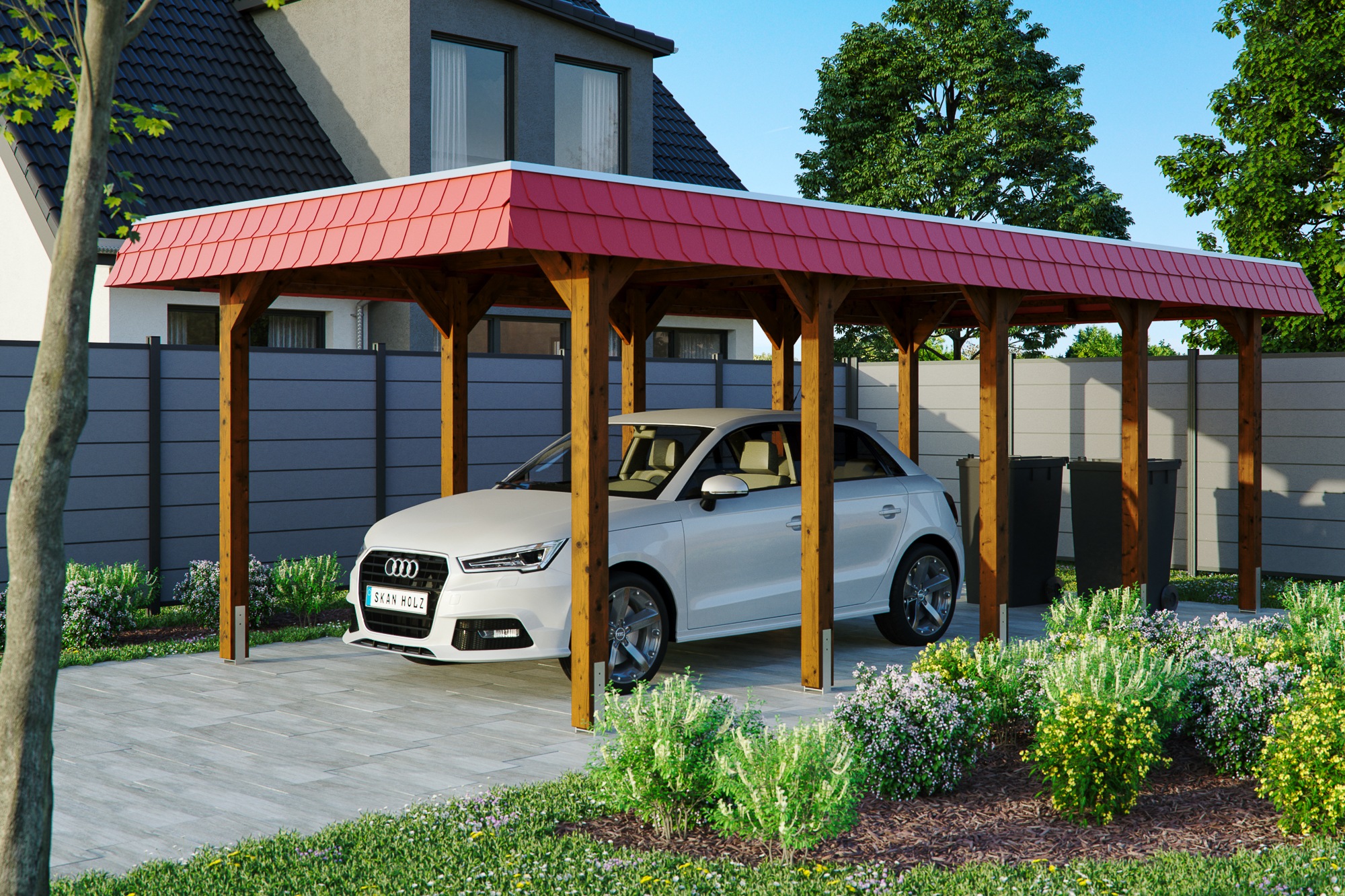 Skan Holz Carport Spreewald 345 cm x 741 cm rote Blende Nussbaum günstig online kaufen