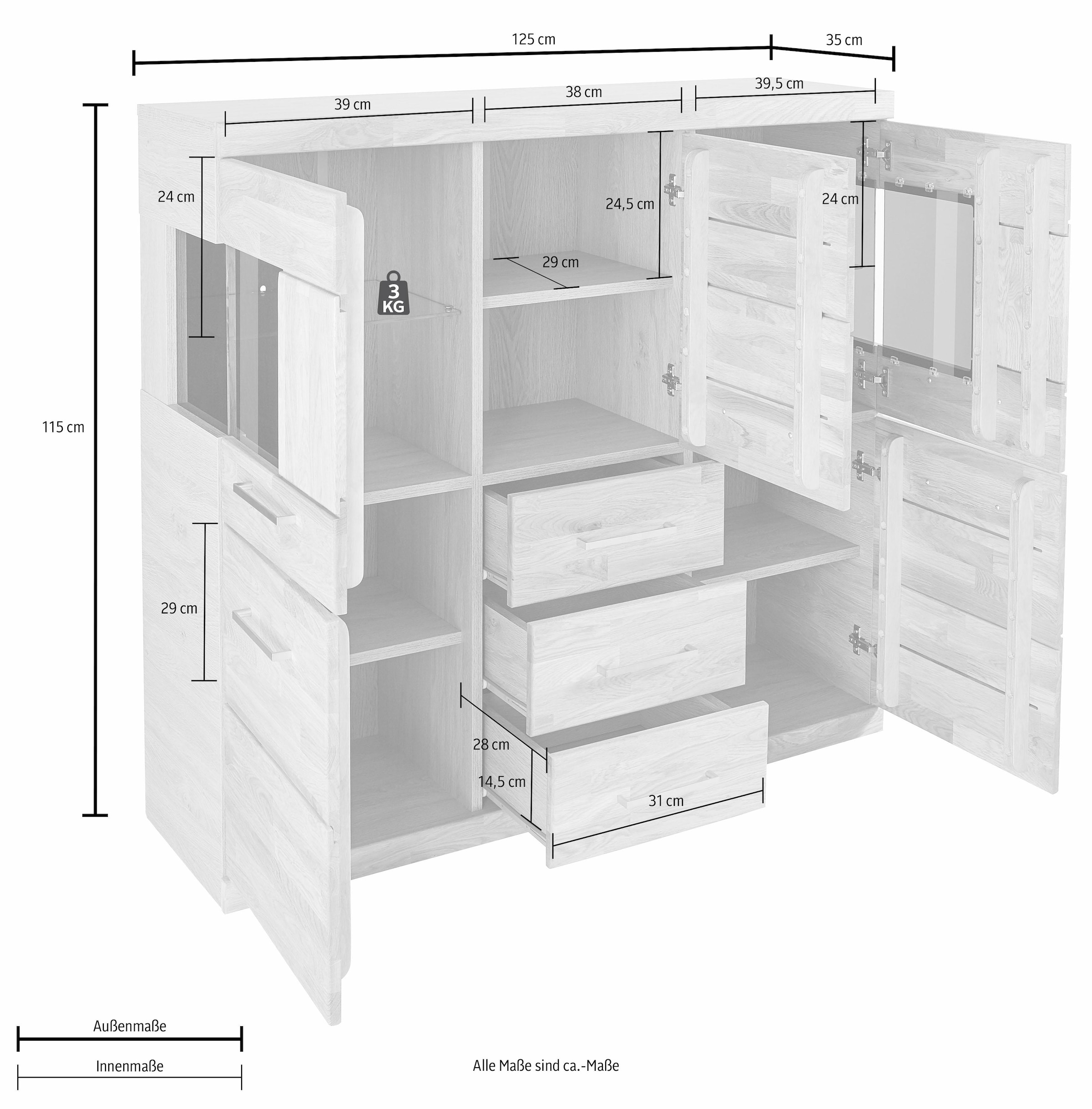 Home affaire Highboard »Ribe,125cm breit,115cm hoch, Fronten Massivholz,5Türen,3 Schubladen«, Holz massiv, Holzwerkstoff, Metall Griffe,10Fächer, Böden versetzbar