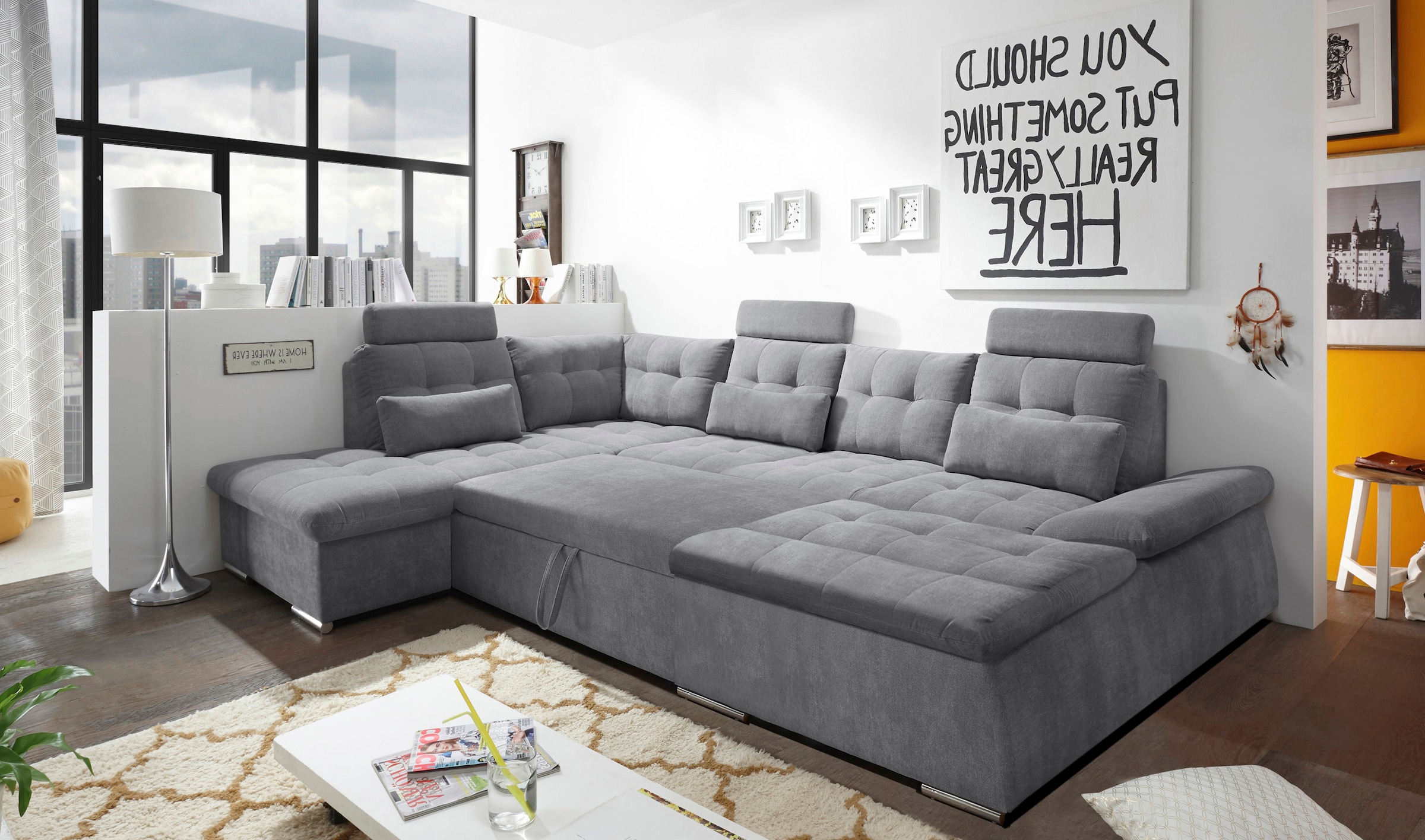 ED EXCITING DESIGN Wohnlandschaft »Nalo U-Form mit Bettfunktion, Bettkasten«, Armteilverstellung, Kopfstützen & 3 Nierenkissen