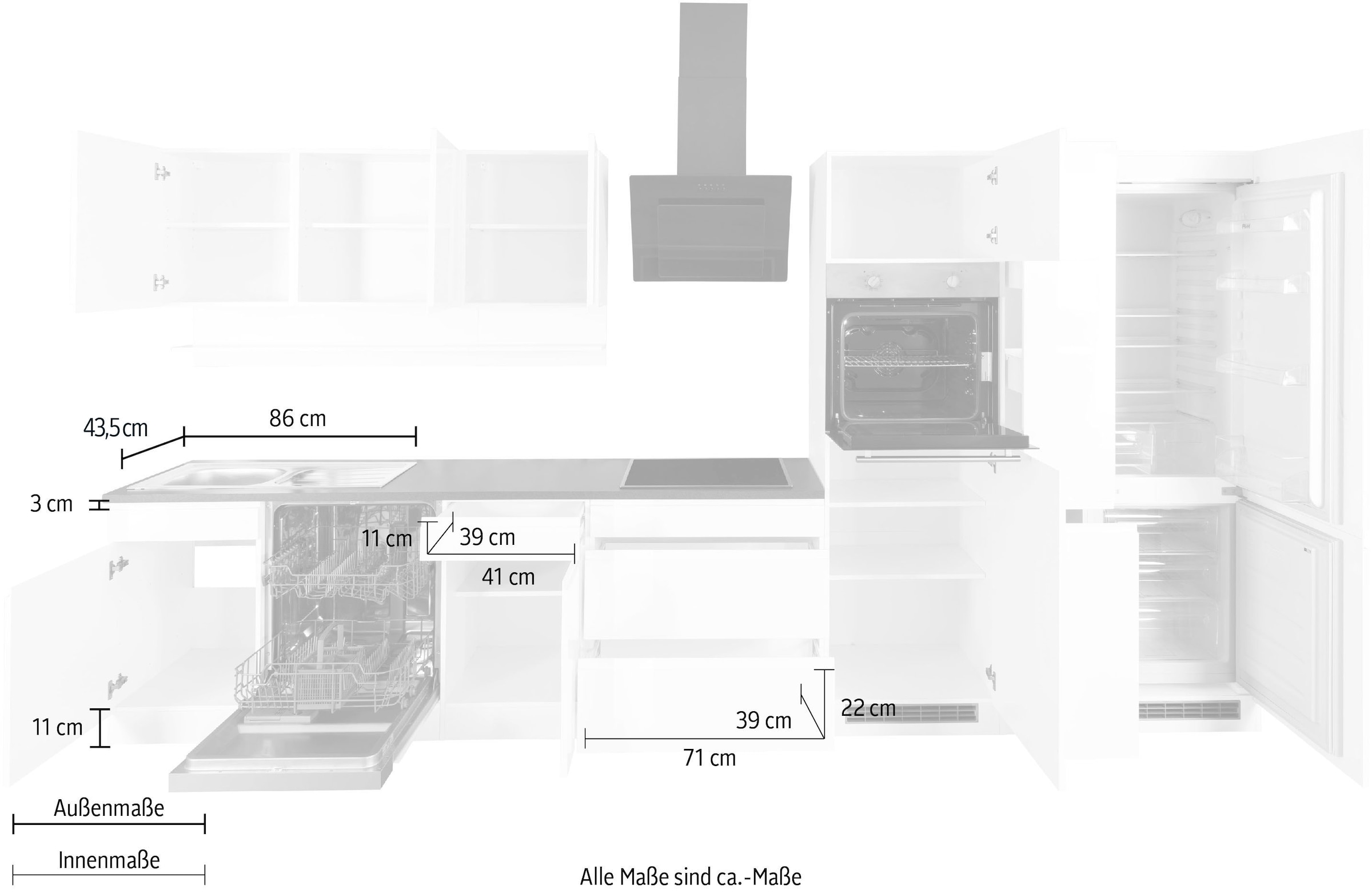 HELD MÖBEL Küchenzeile »Virginia«, Breite 390 cm, mit Glaskeramik-oder Induktionskochfeld