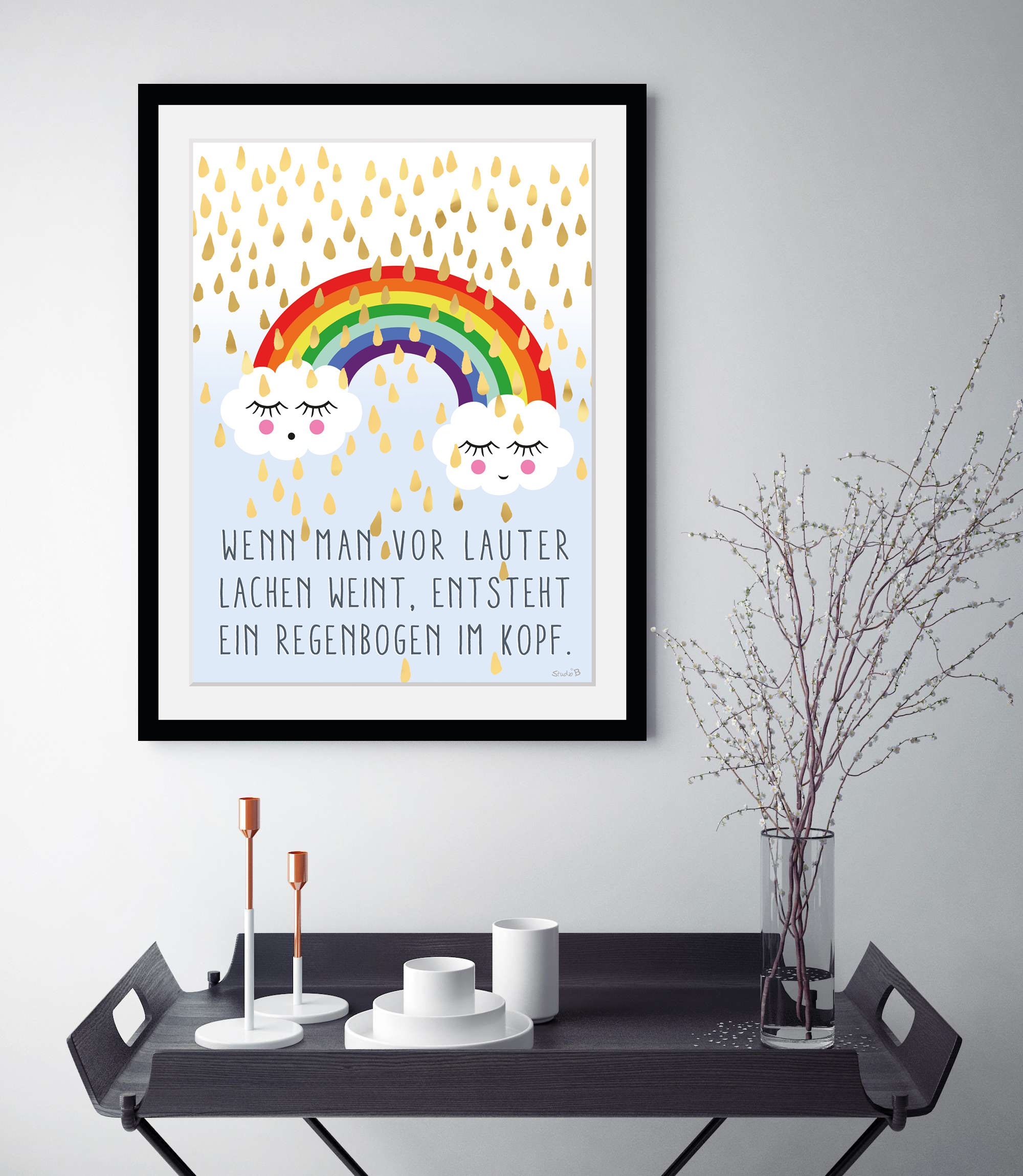 queence Bild »Regenbogen im Kopf«, Wolken-Himmel-Regenbogen-Motivationsbilder-Sprüche & Texte-Gesicht, (1 St.), HD Premium Poster-Druck inkl. Holzrahmen