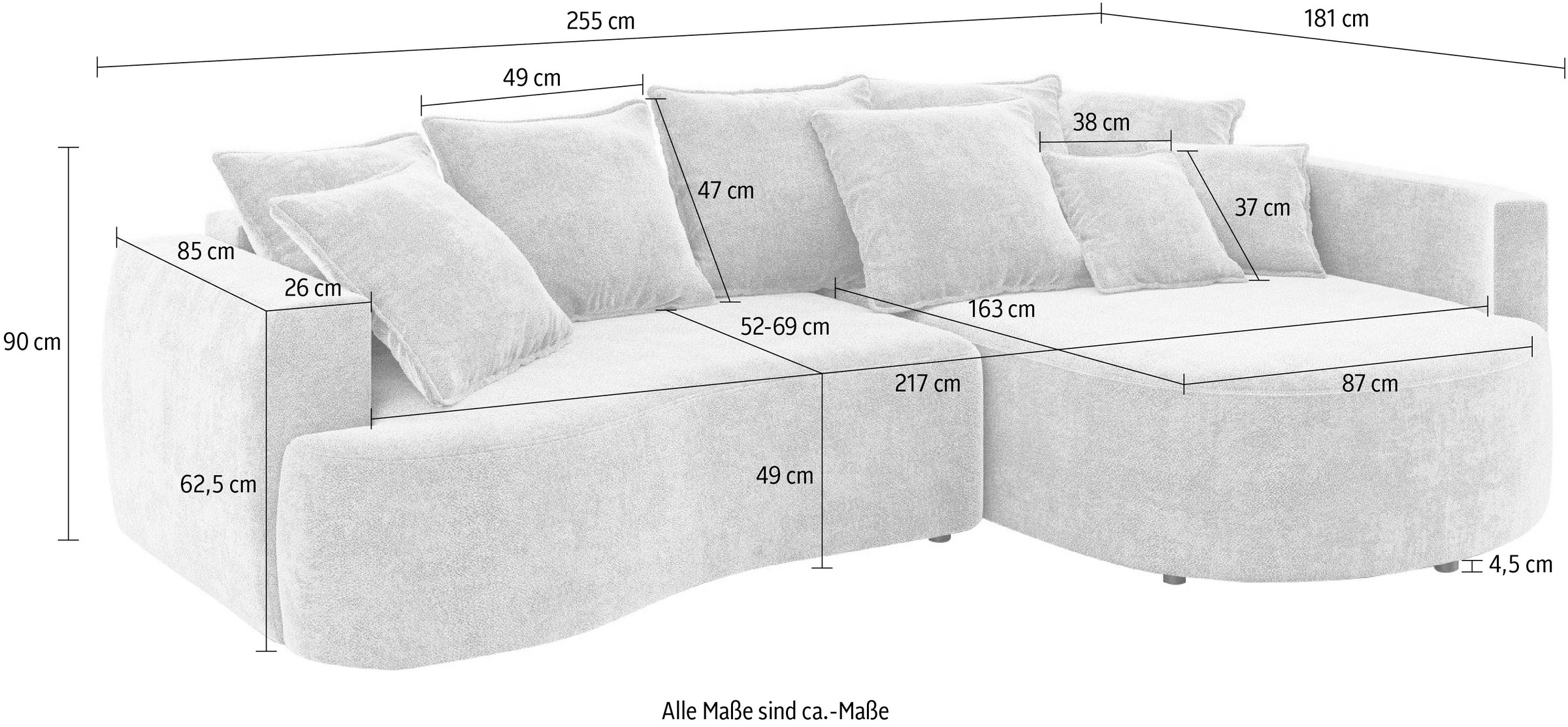 INOSIGN Ecksofa »Kahekili, Schlafsofa mit Bettkasten, Maße B/T/H: 255/181/90/ cm«, L-Form mit Wellenunterfederung, 7 Rückenkissen und 2 Zierkissen
