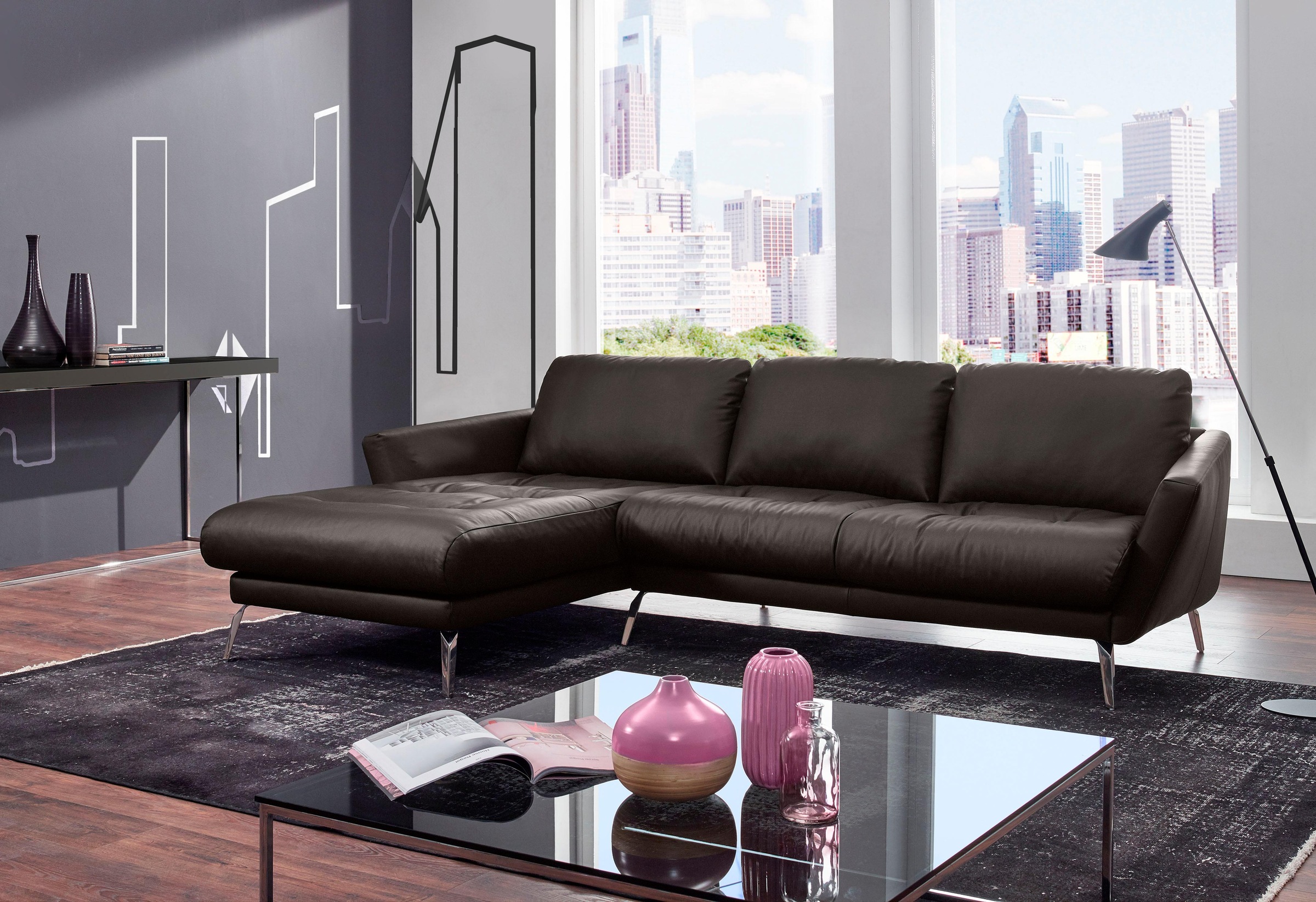 W.SCHILLIG Ecksofa »softy, Designsofa, zeitlos und elegant, hoher Sitzkomfort, L-Form«, mit dekorativer Heftung im Sitz, Füße Chrom glänzend